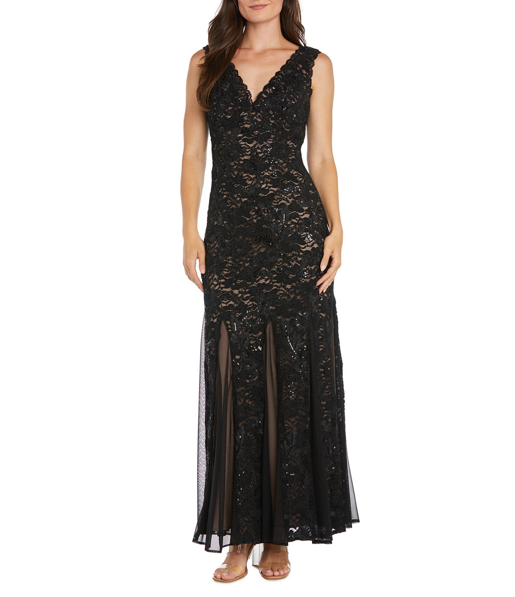 R & M Richards Petite Size Floral Embroidered Sequin Mesh Godet Sleeveless Gown
