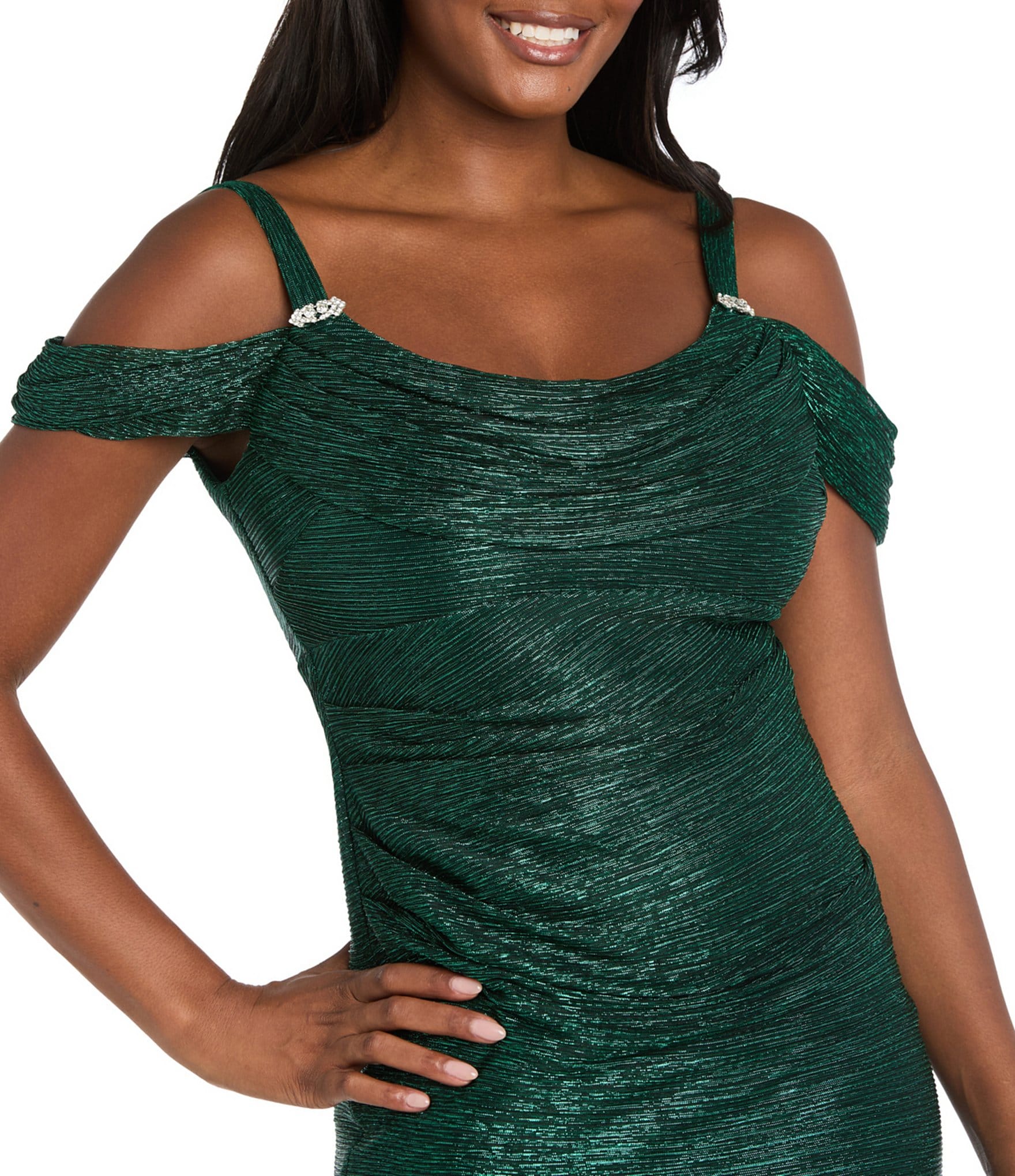 R & M Richards Petite Size Long Crinkle Pleated Dress With Cowl Neckline And Cold Shoulder