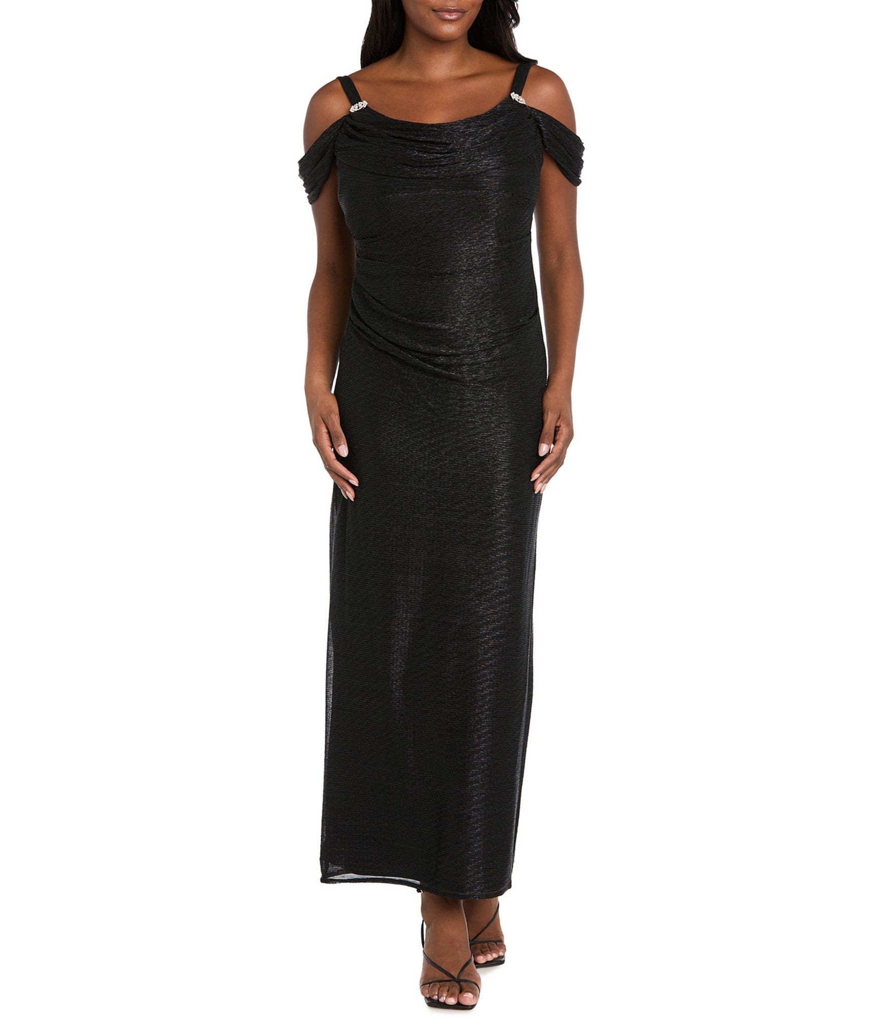R & M Richards Petite Size Long Crinkle Pleated Dress With Cowl Neckline And Cold Shoulder