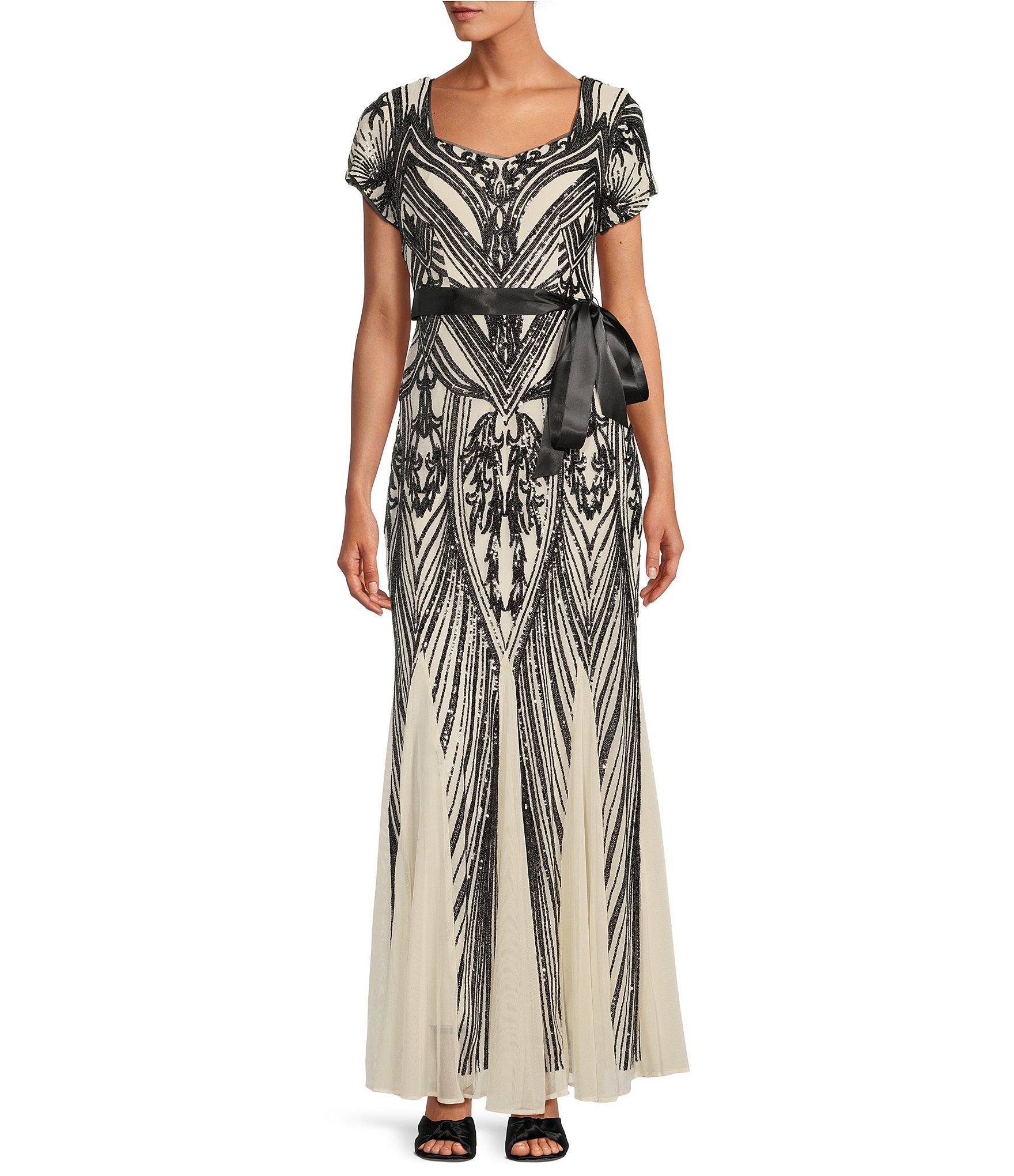 R & M Richards Petite Size Short Sleeve Sweetheart Neck Sequin Panel Godet  Embellished Dress | Dillard's