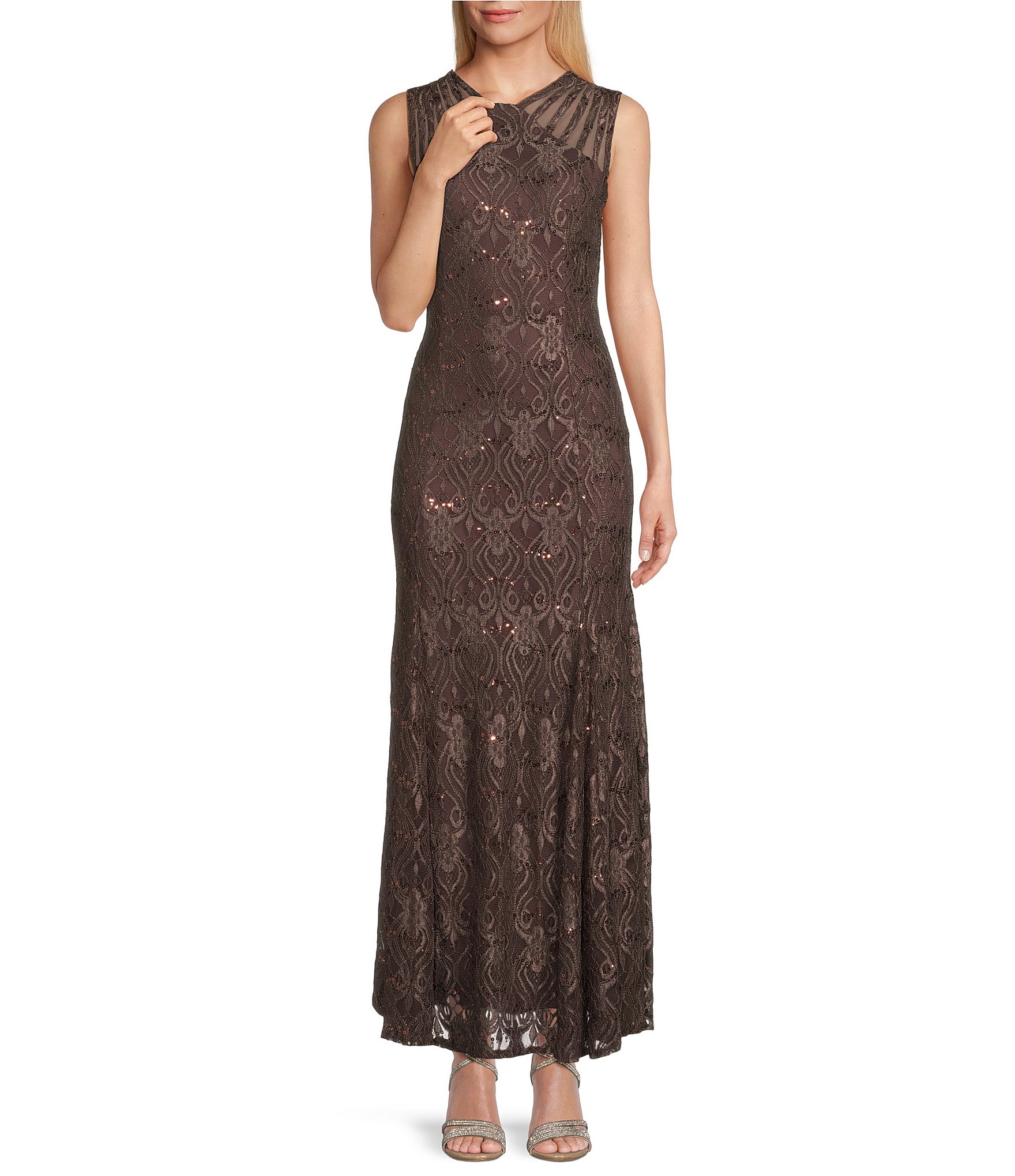 R & M Richards Petite Size Sleeveless Lace Round Neck Fit and Flare Dress