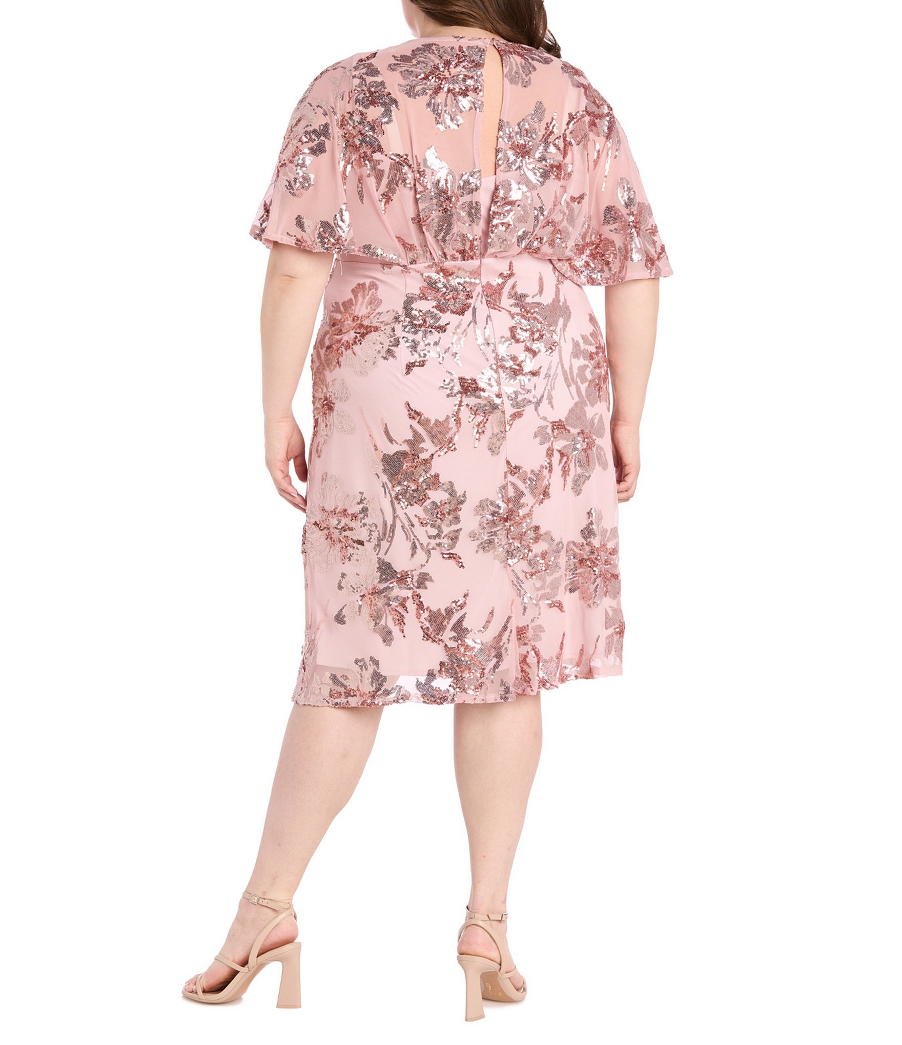 R & M Richards Plus Floral Sequin Power Mesh Beaded Sheer Capelet Sleeves Dress