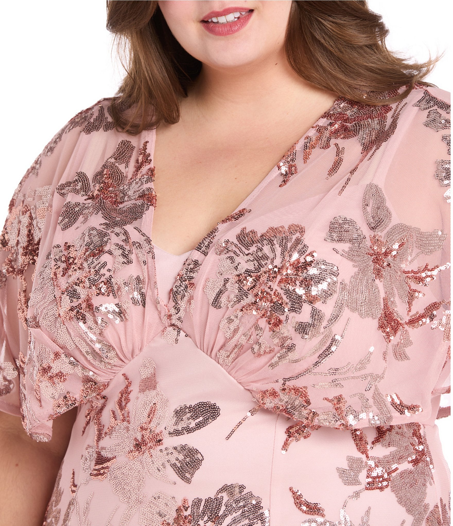 R & M Richards Plus Floral Sequin Power Mesh Beaded Sheer Capelet Sleeves Dress