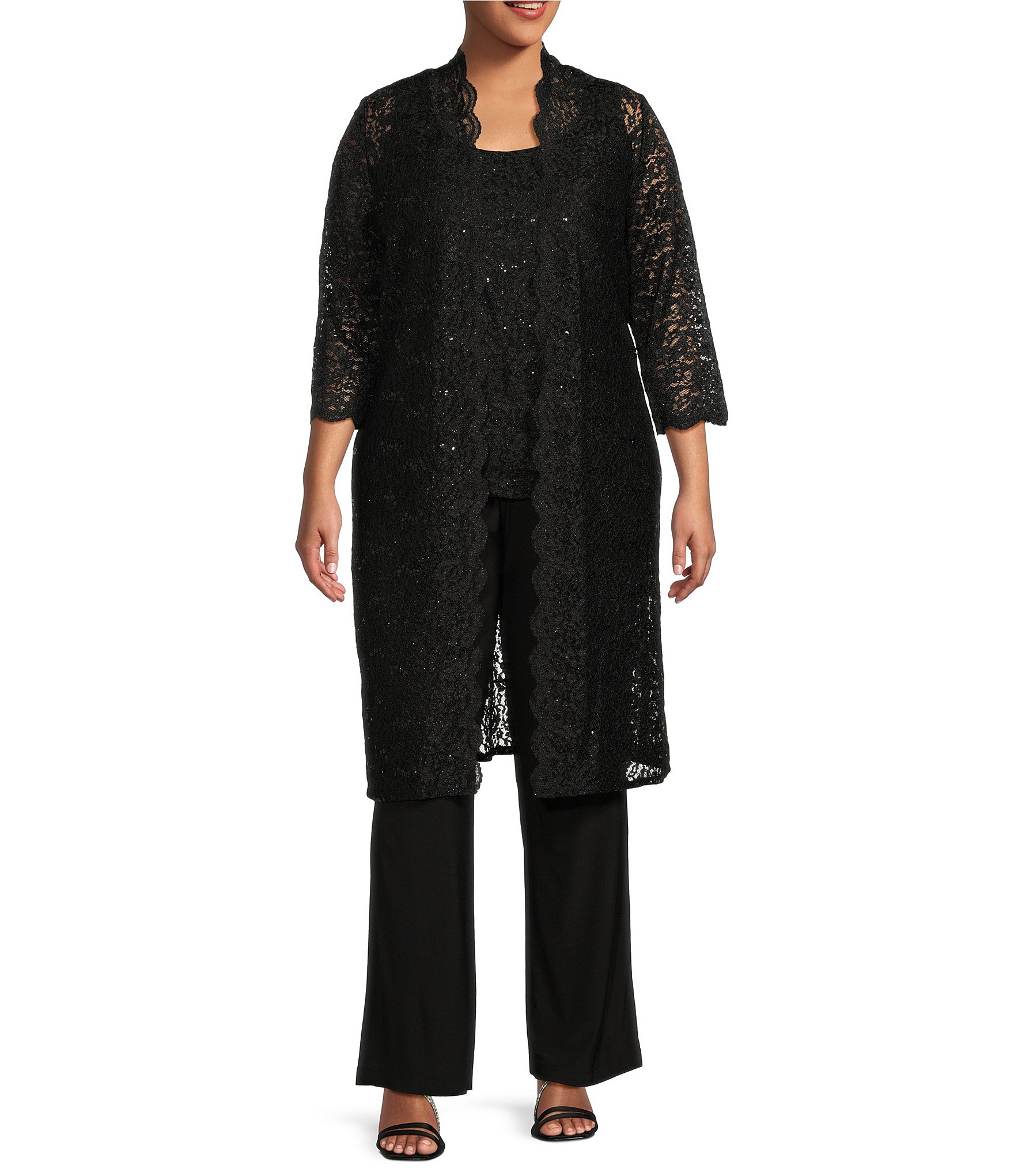 R M Richards Plus Size Scoop Neck 3 4 Sleeve Scallop Glitter Lace Duster 3 Piece Pant Set Dillard s