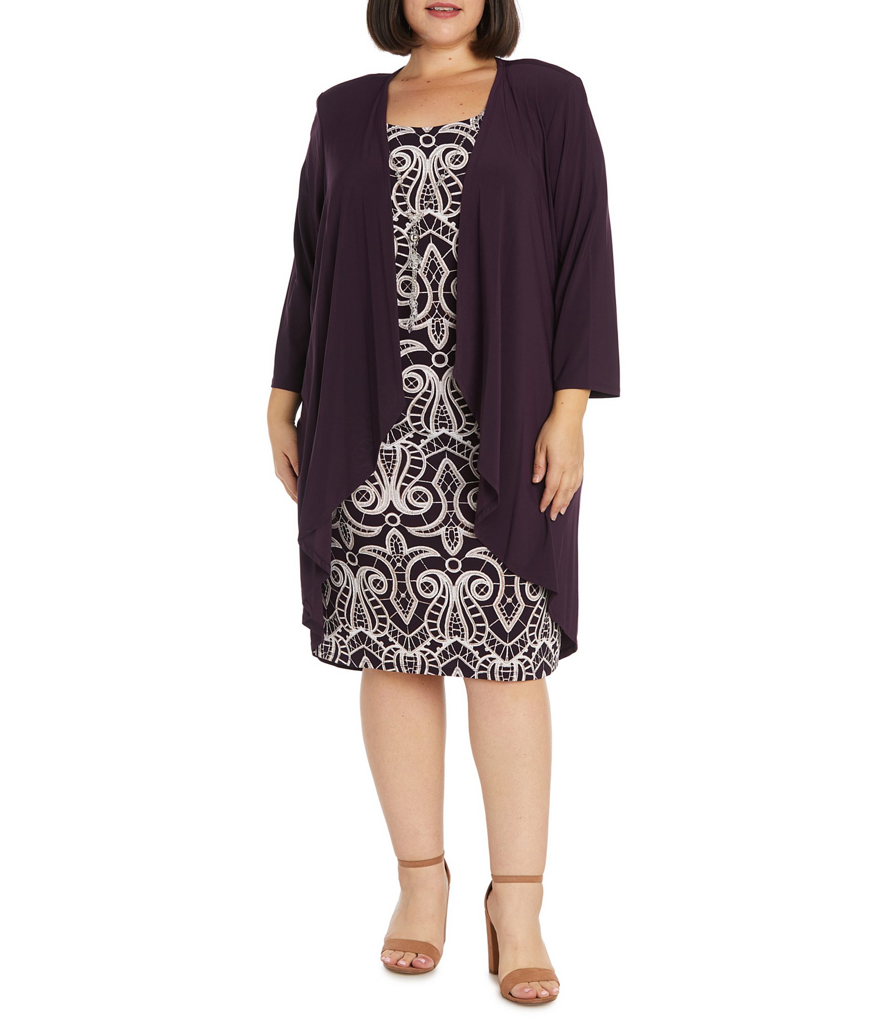 R & M Richards Plus Size 3/4 Sleeve Crew Neck Printed 2-Piece Jacket Dress