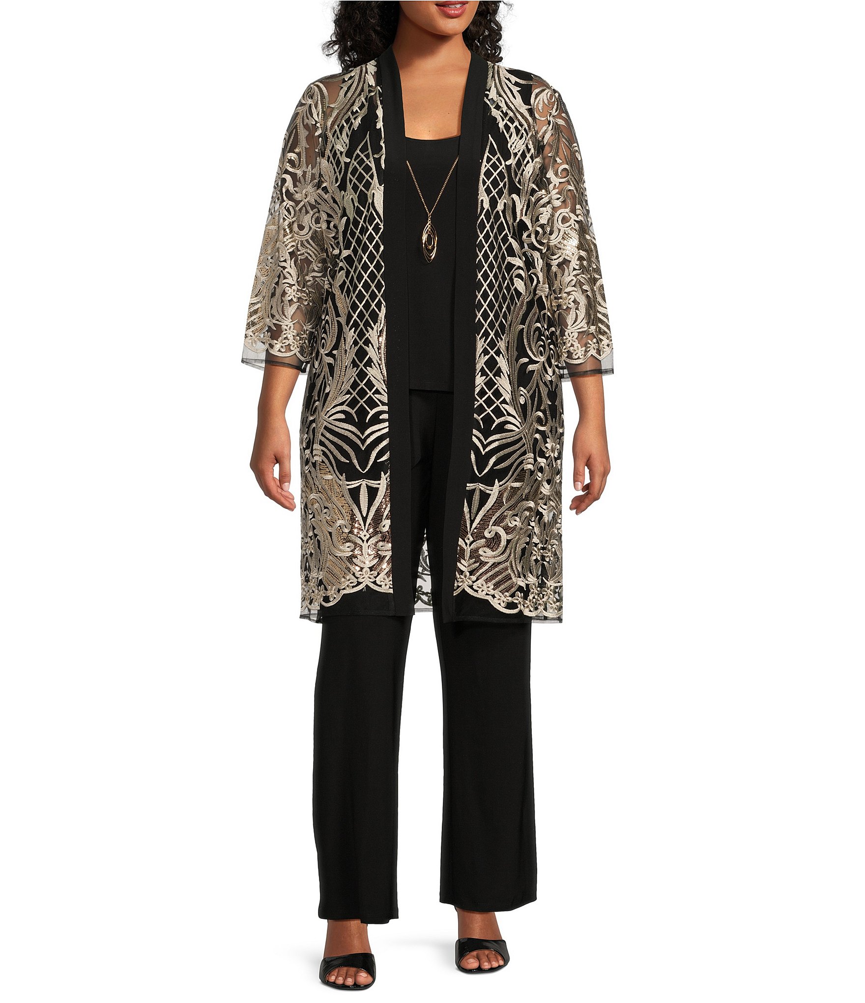 R & M Richards Plus Size 3/4 Sleeve Scoop Neck Embellished Sequin Jacket 3-Piece Pant Set