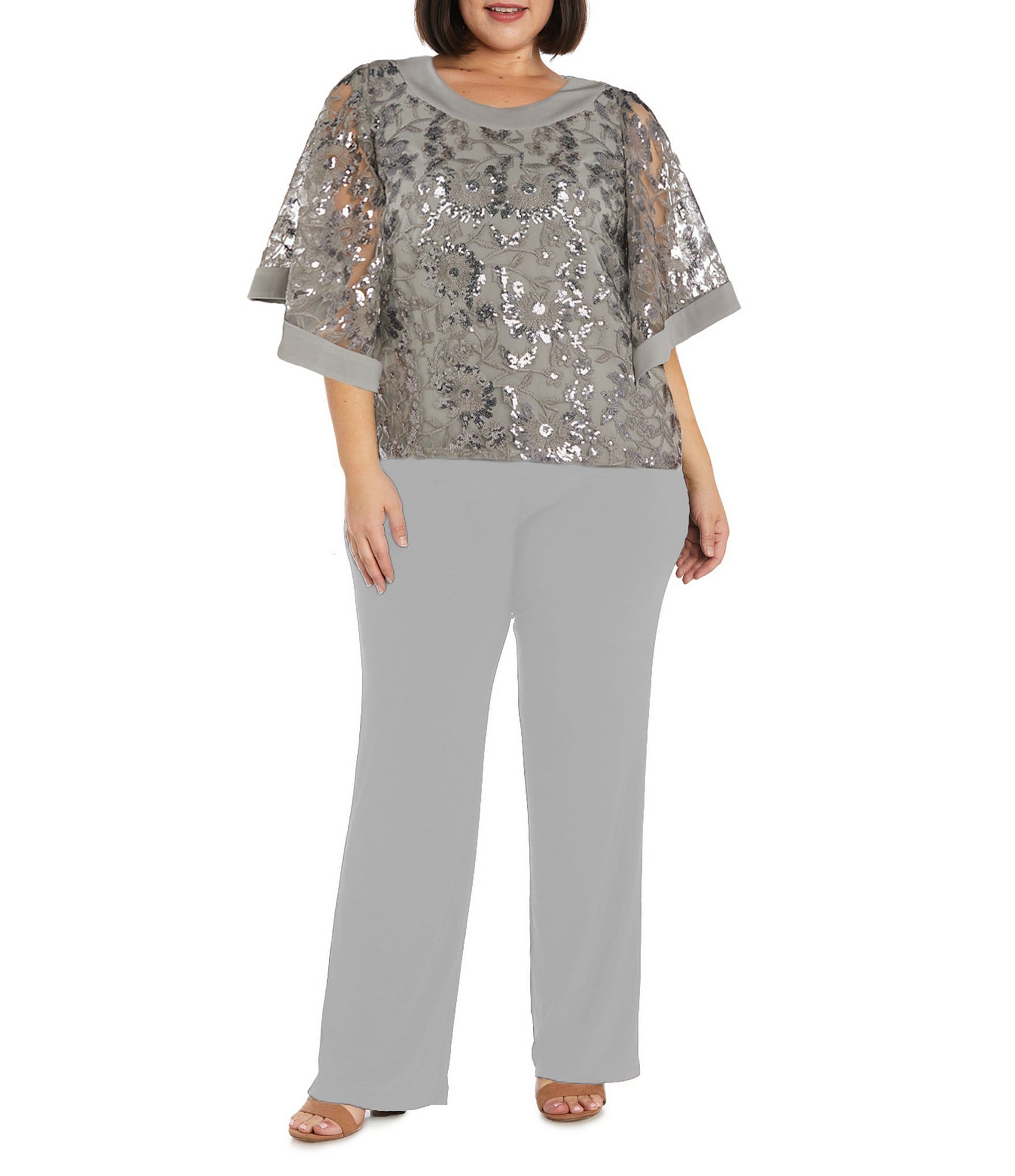 R And M Richards Plus Size Butterfly Sleeve Scoop Neck Sequin 2 Piece Pant Set Dillard S