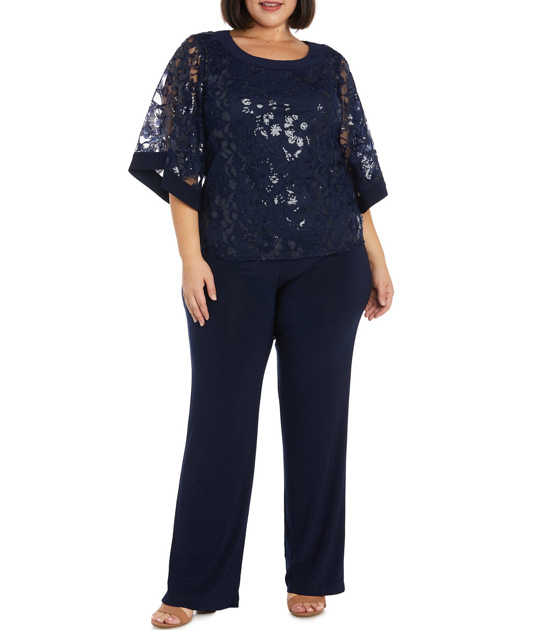 R & M Richards Plus Size Scoop Neck 3/4 Sleeve Beaded Detail Top & Sheer  Knit Jacket 2-Piece Pull-On Pant Set