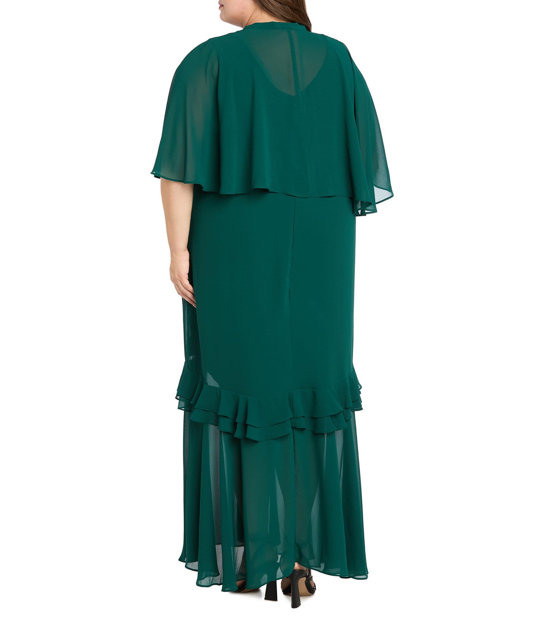 R & M Richards Plus Size Crepe Chiffon 2-Piece Short Sleeve Capelet Ruffle Gown