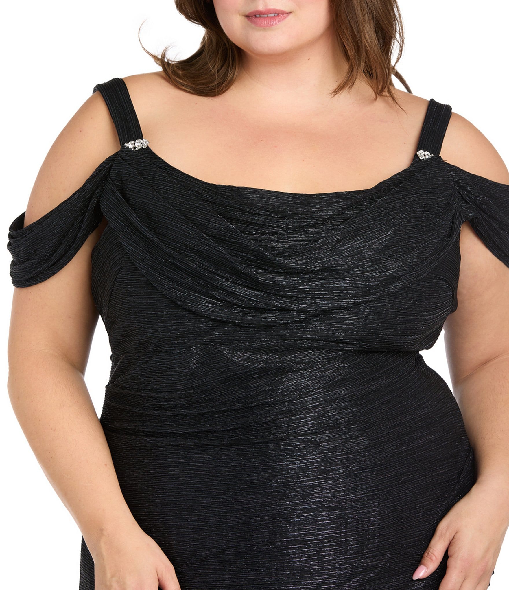 R & M Richards Plus Size Crinkle Long Pleated Dress With Cowl Neckline