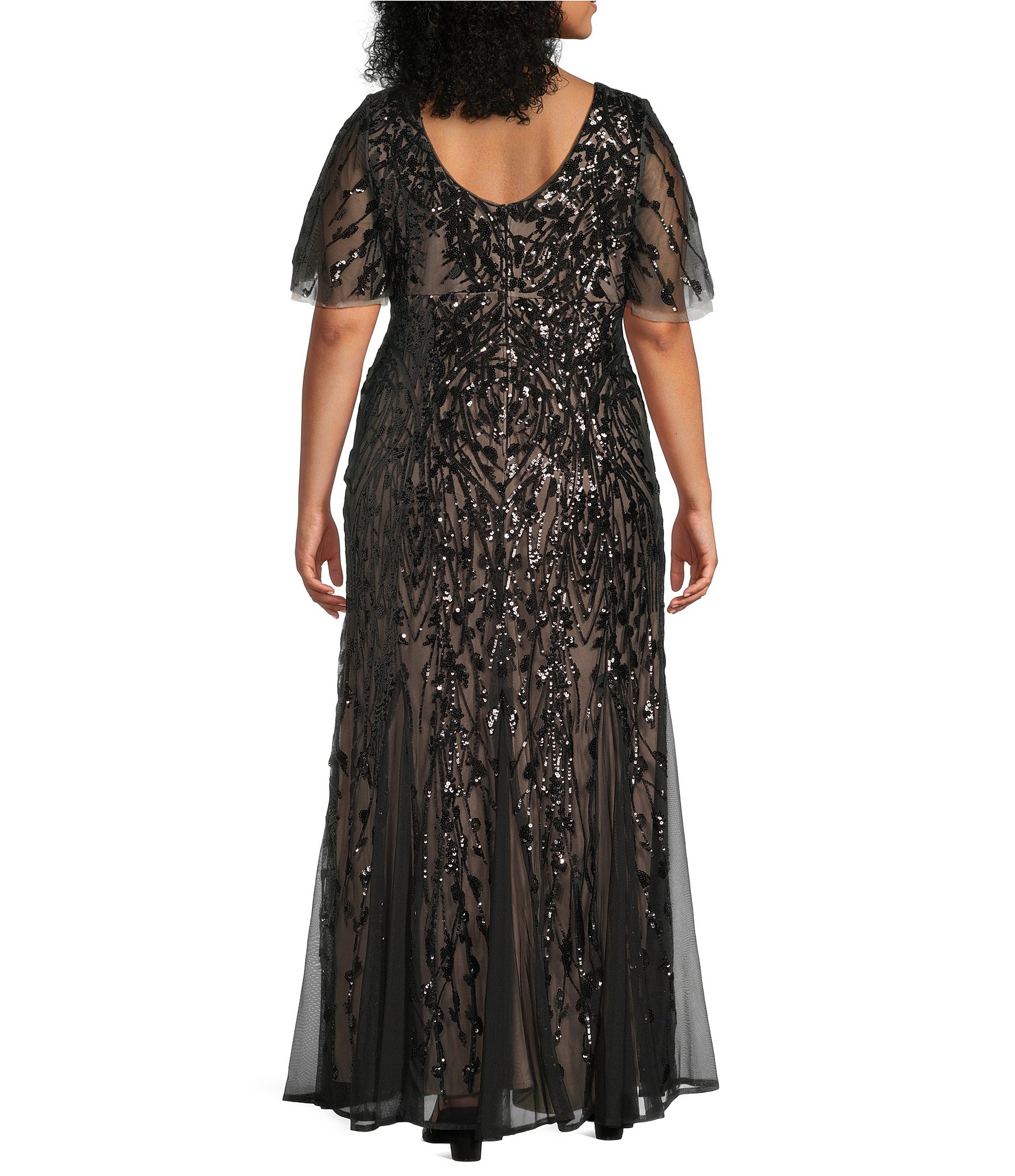 R & M Richards Plus Size Embroidered Sequin Power Mesh Empire Waist Short Flutter Sleeve Gown