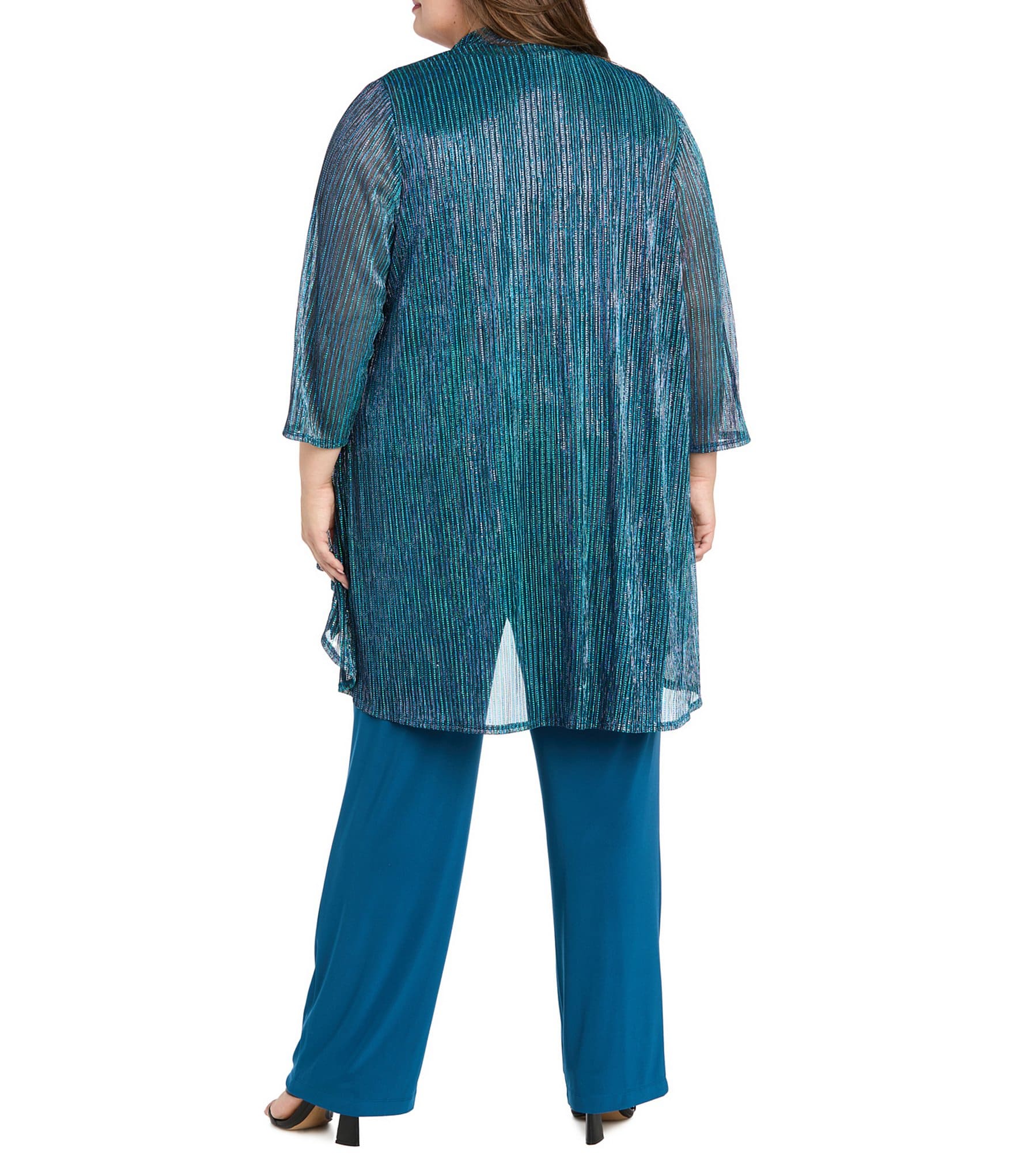 R & M Richards Plus Size Festival Hologram Sequin 3-Piece Duster Pant Set