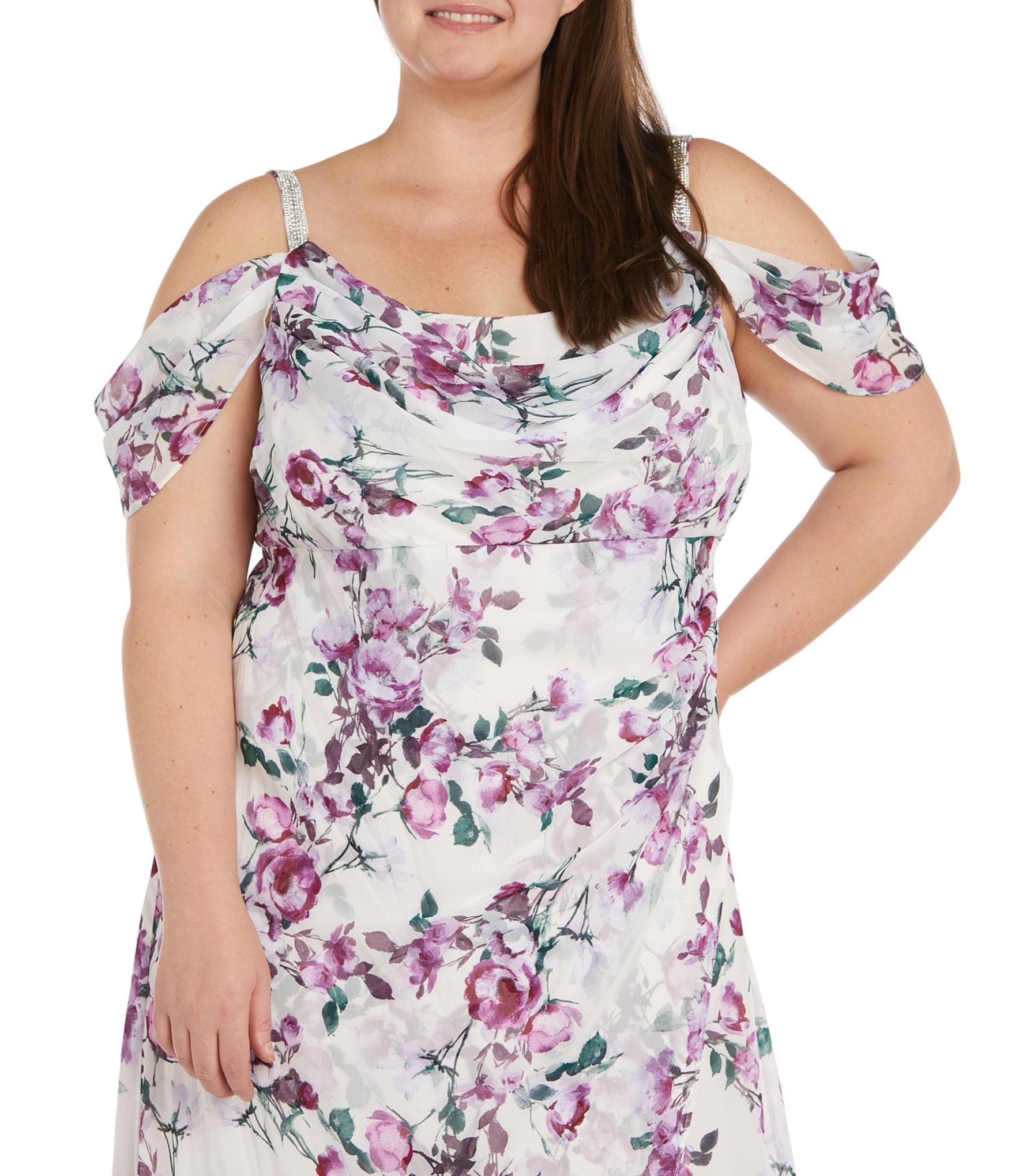 R & M Richards Plus Size Floral Cold Shoulder Cowl Neck Long Chiffon Dress