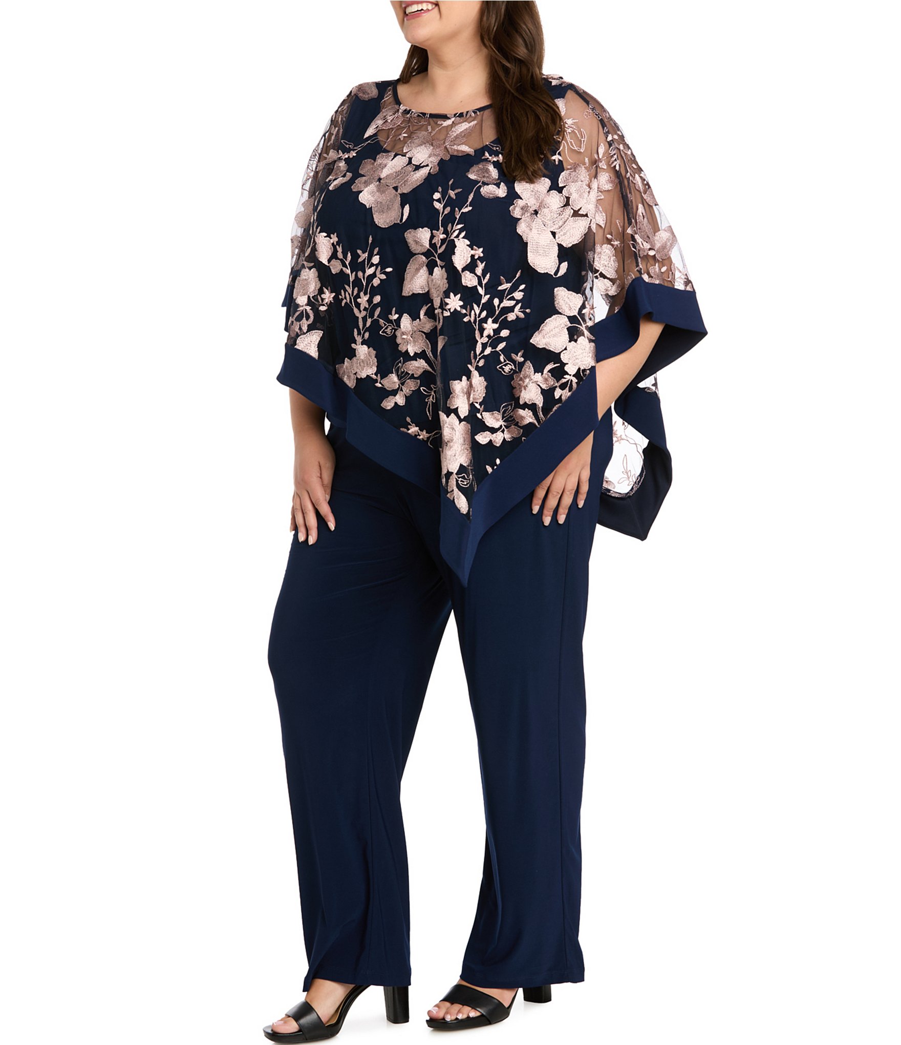 R & M Richards Plus Size Floral Embroidered Poncho Pant Set