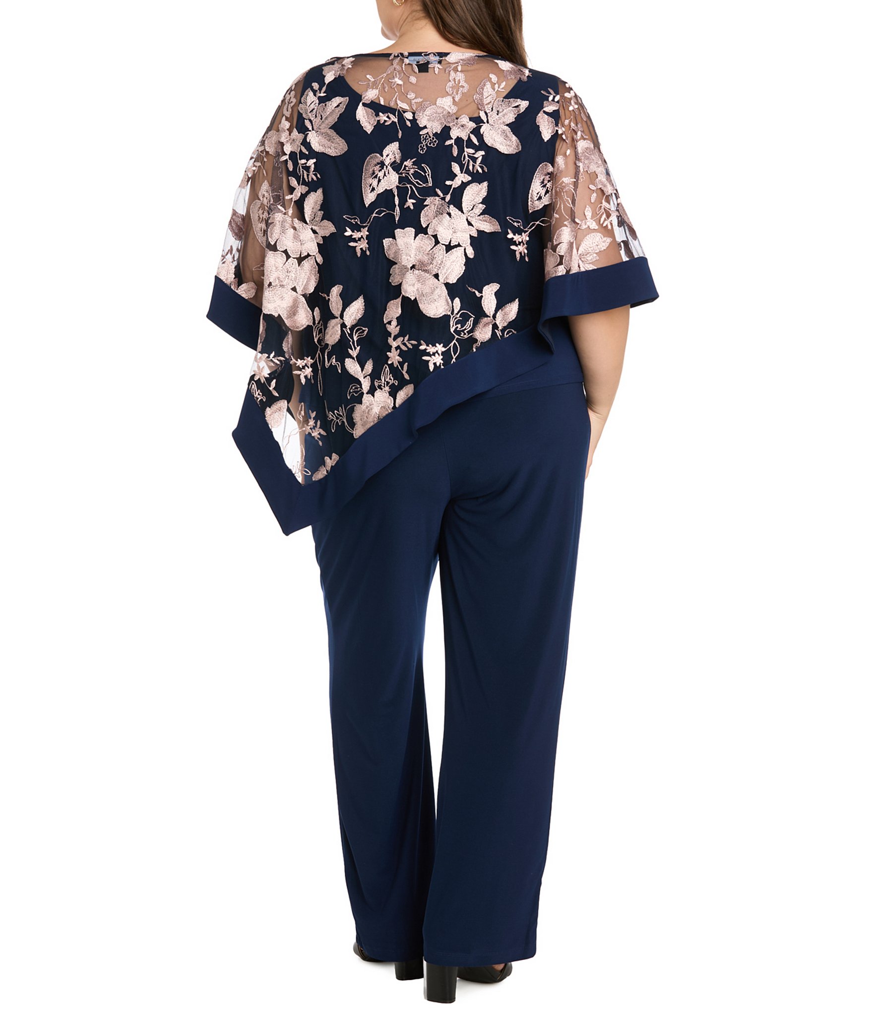 R & M Richards Plus Size Floral Embroidered Poncho Pant Set