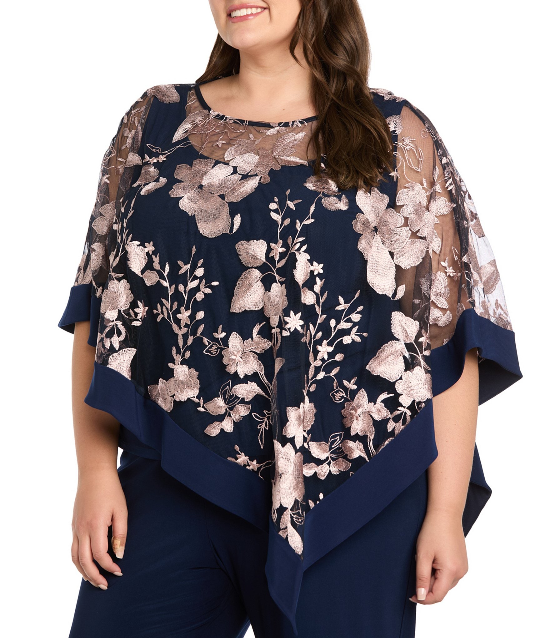 R & M Richards Plus Size Floral Embroidered Poncho Pant Set