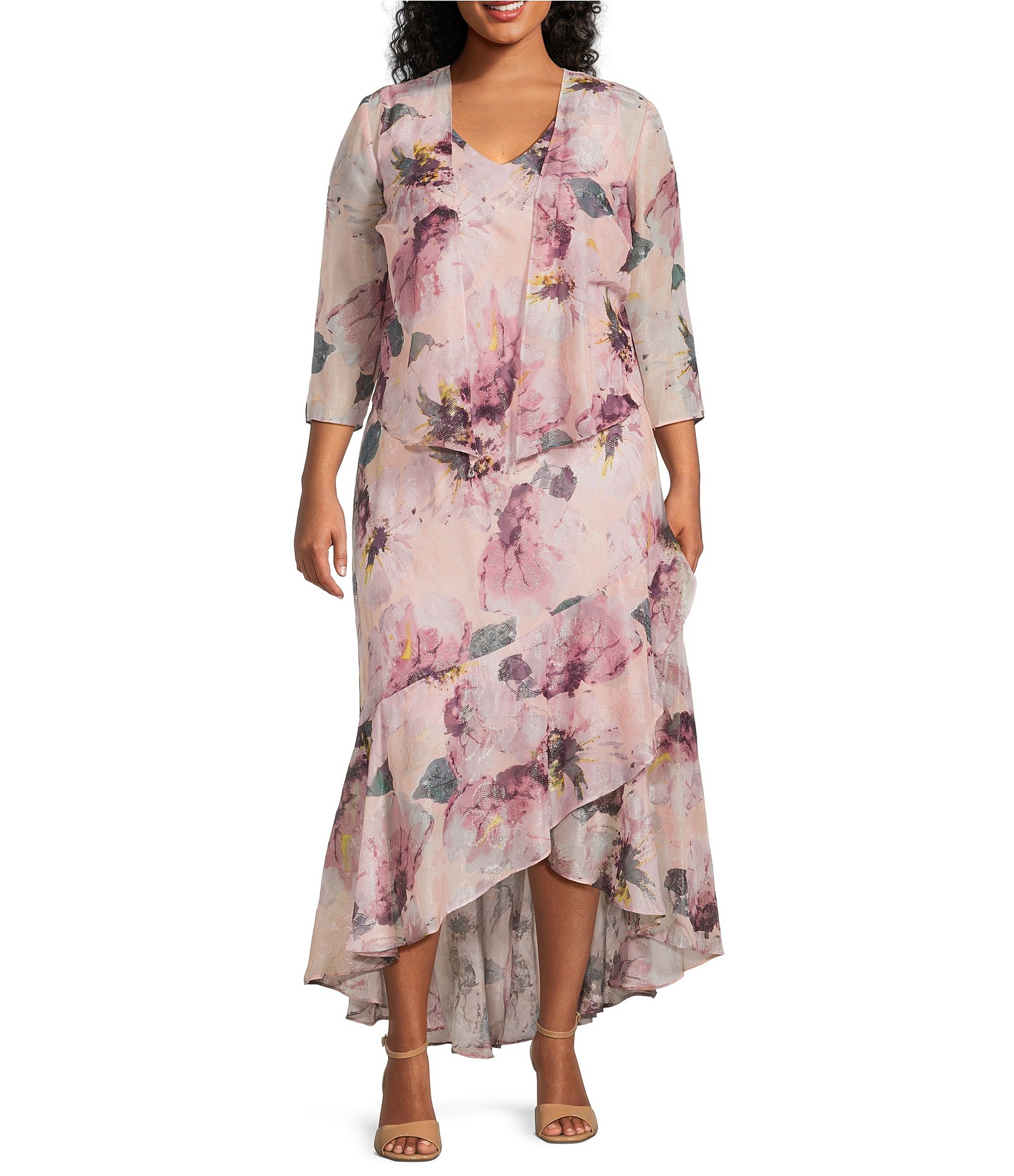 R & M Richards Plus Size Floral Print Chiffon Bolero 3/4 Sleeve Asymmetrical Ruffle Hem 2-Piece Jacket Dress