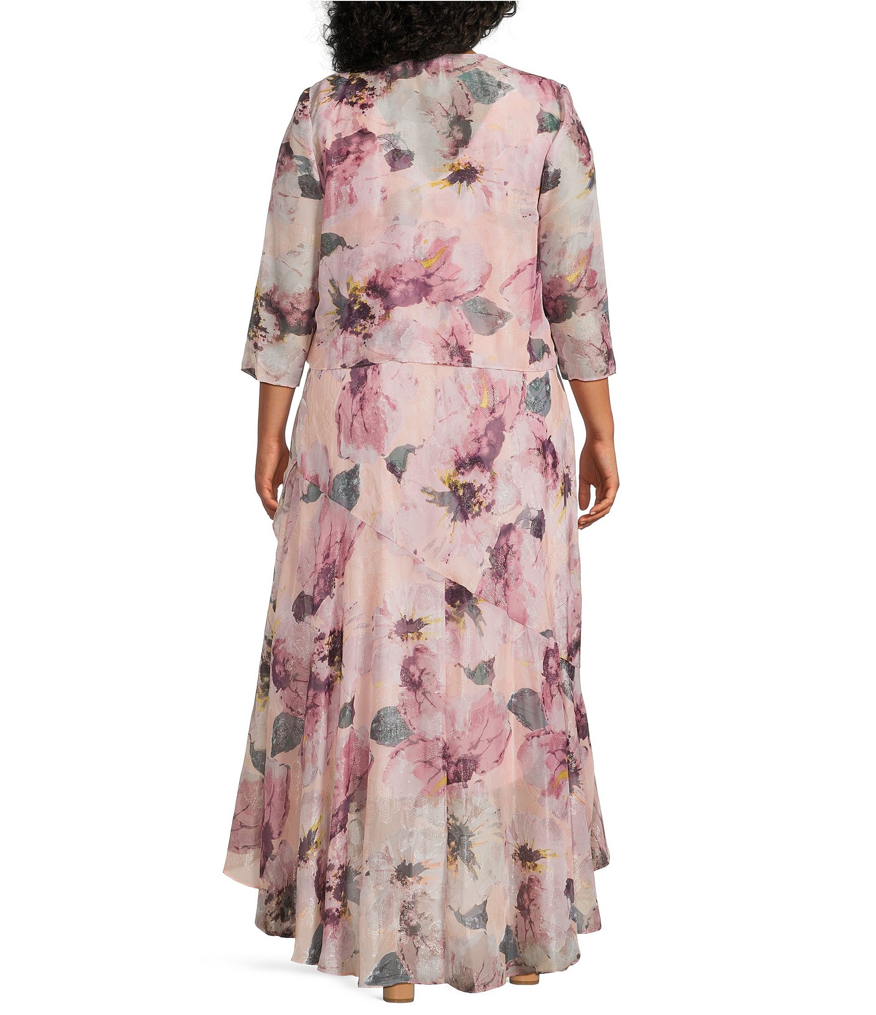 R & M Richards Plus Size Floral Print Chiffon Bolero 3/4 Sleeve Asymmetrical Ruffle Hem 2-Piece Jacket Dress