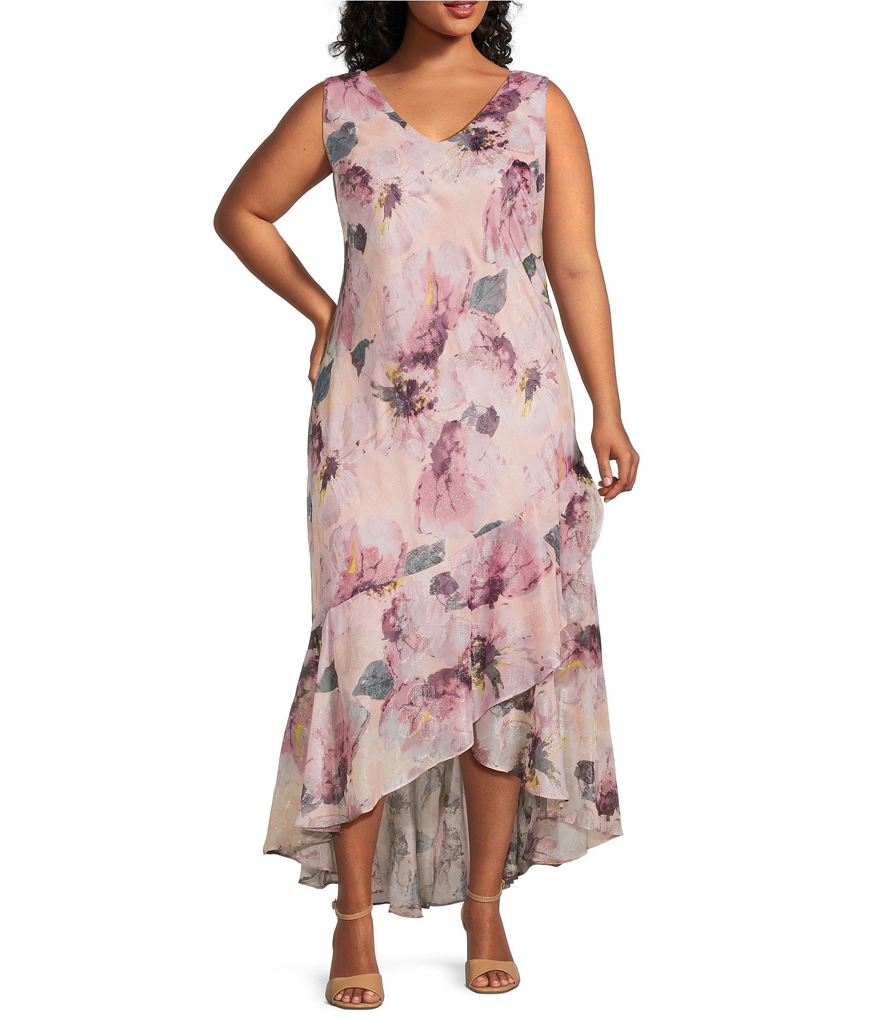 R & M Richards Plus Size Floral Print Chiffon Bolero 3/4 Sleeve Asymmetrical Ruffle Hem 2-Piece Jacket Dress