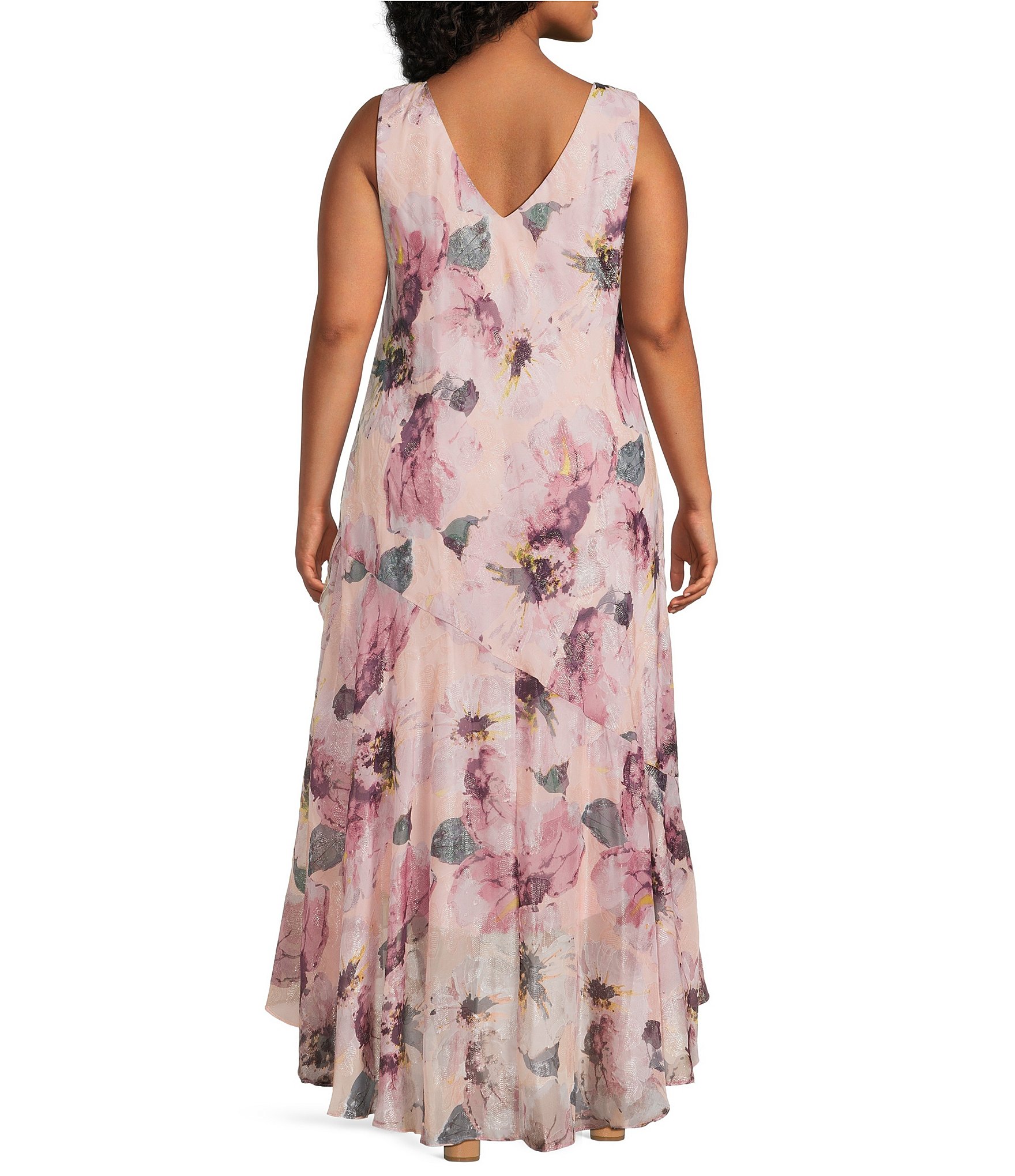R & M Richards Plus Size Floral Print Chiffon Bolero 3/4 Sleeve Asymmetrical Ruffle Hem 2-Piece Jacket Dress