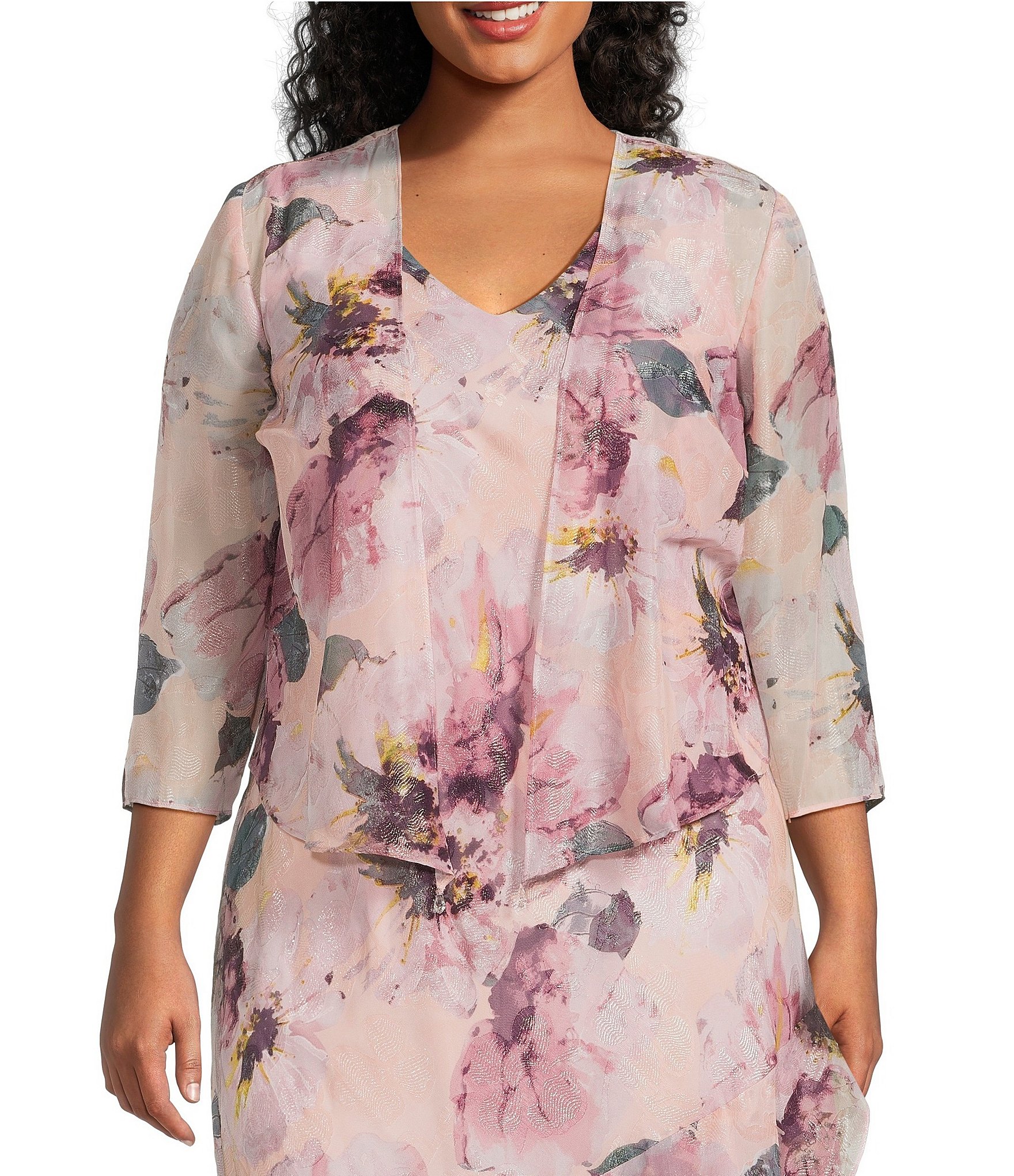 R & M Richards Plus Size Floral Print Chiffon Bolero 3/4 Sleeve Asymmetrical Ruffle Hem 2-Piece Jacket Dress