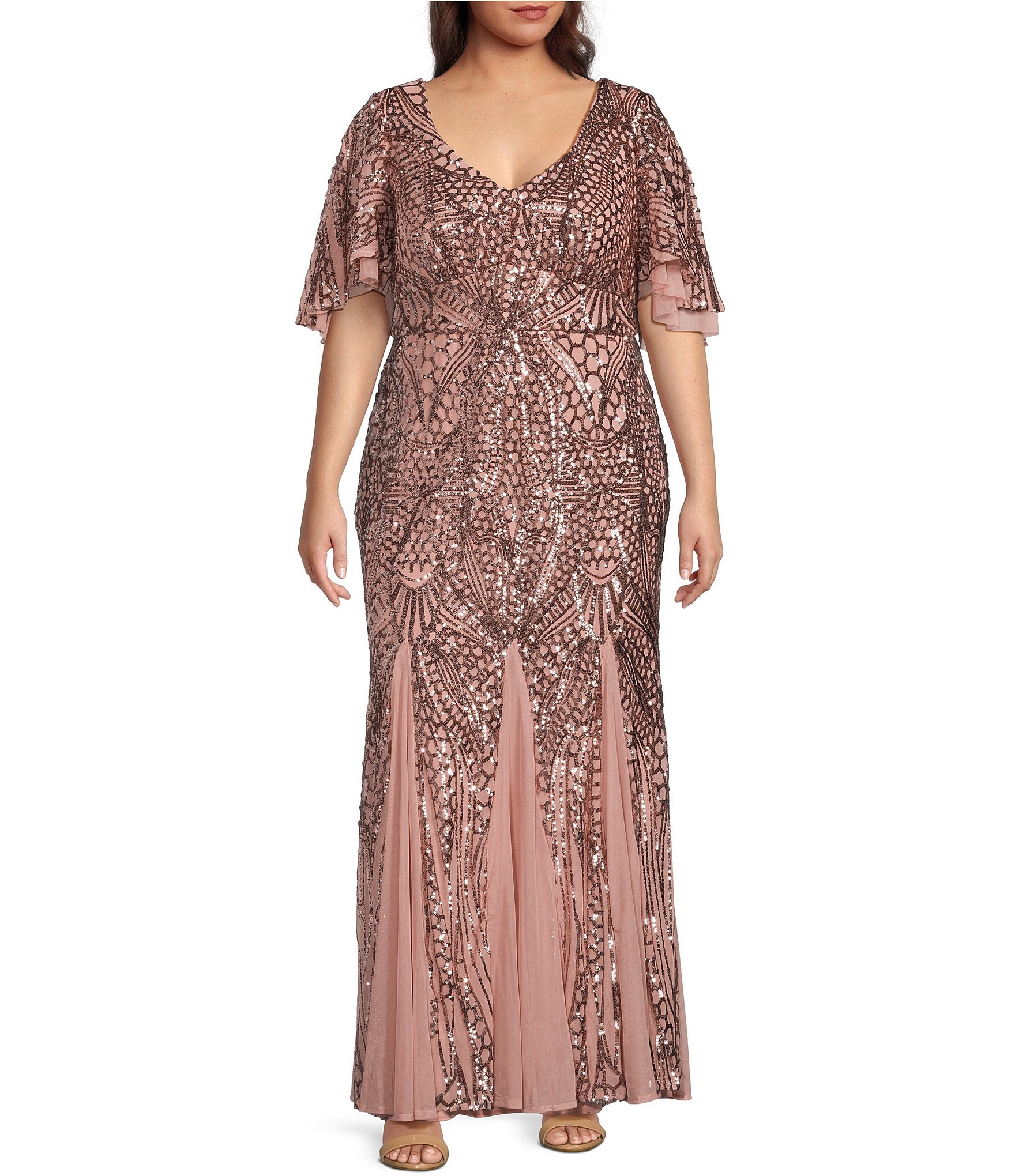 R & M Richards Plus Size Flutter Sleeve V-Neck Godet Inset Sequin Gown ...