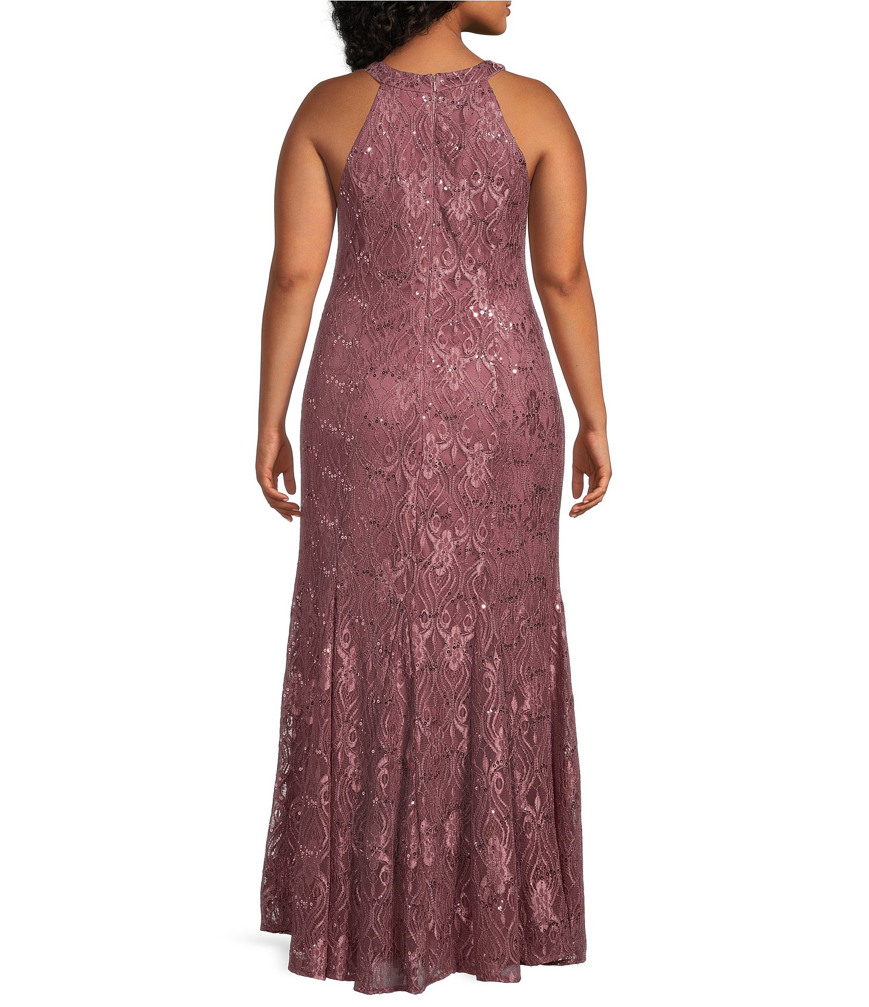 R & M Richards Plus Size Keyhole Neck Glitter Lace Mermaid Gown