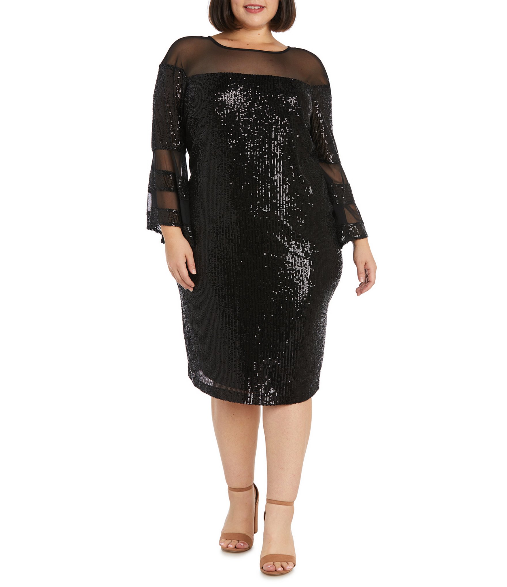 R & M Richards Plus Size Long Bell Sleeve Round Illusion Neck Sequin ...