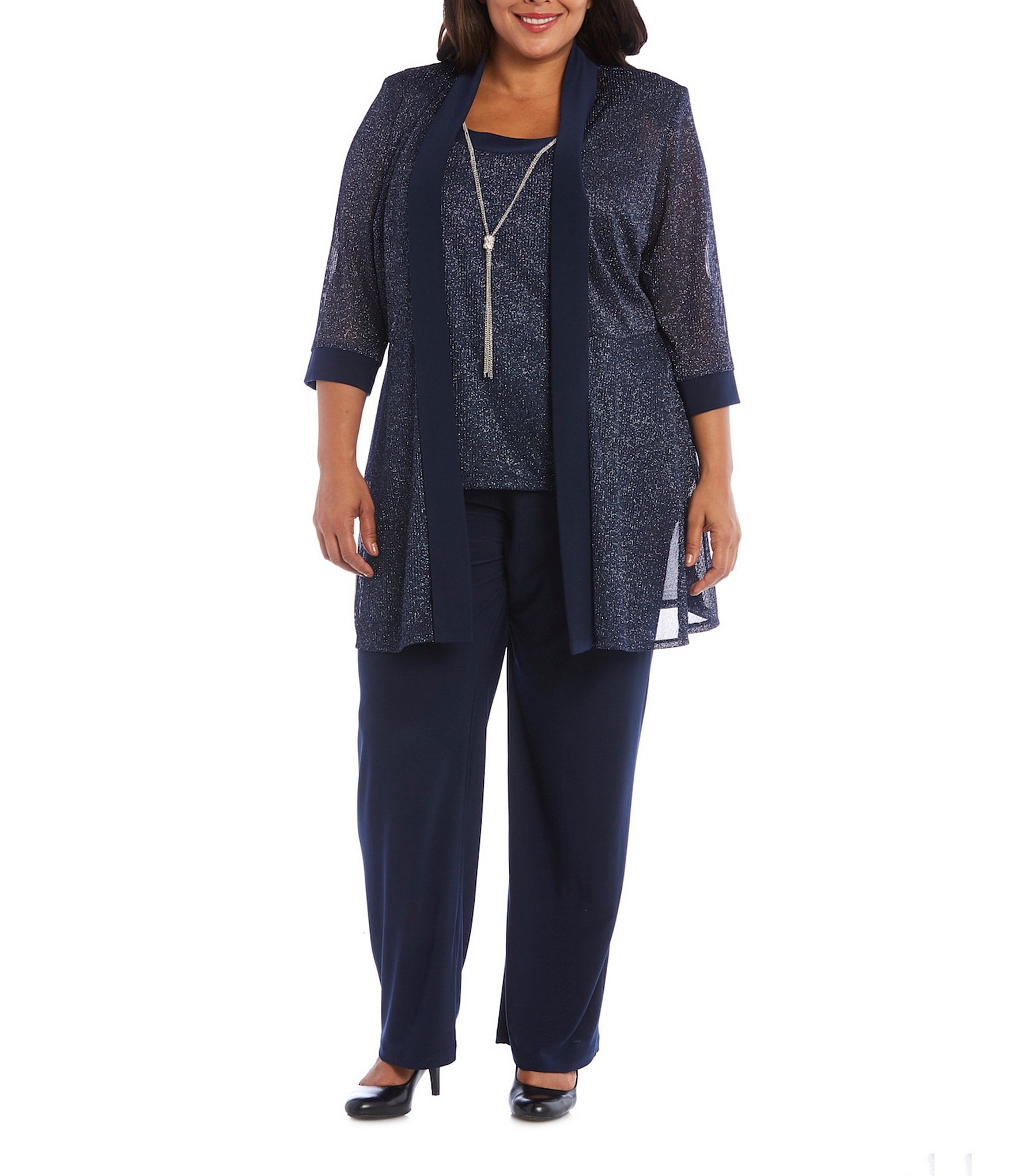 R & M Richards Plus Size Metallic Knit 3/4 Sleeve Open Front 3 Piece Jacket Pant Set