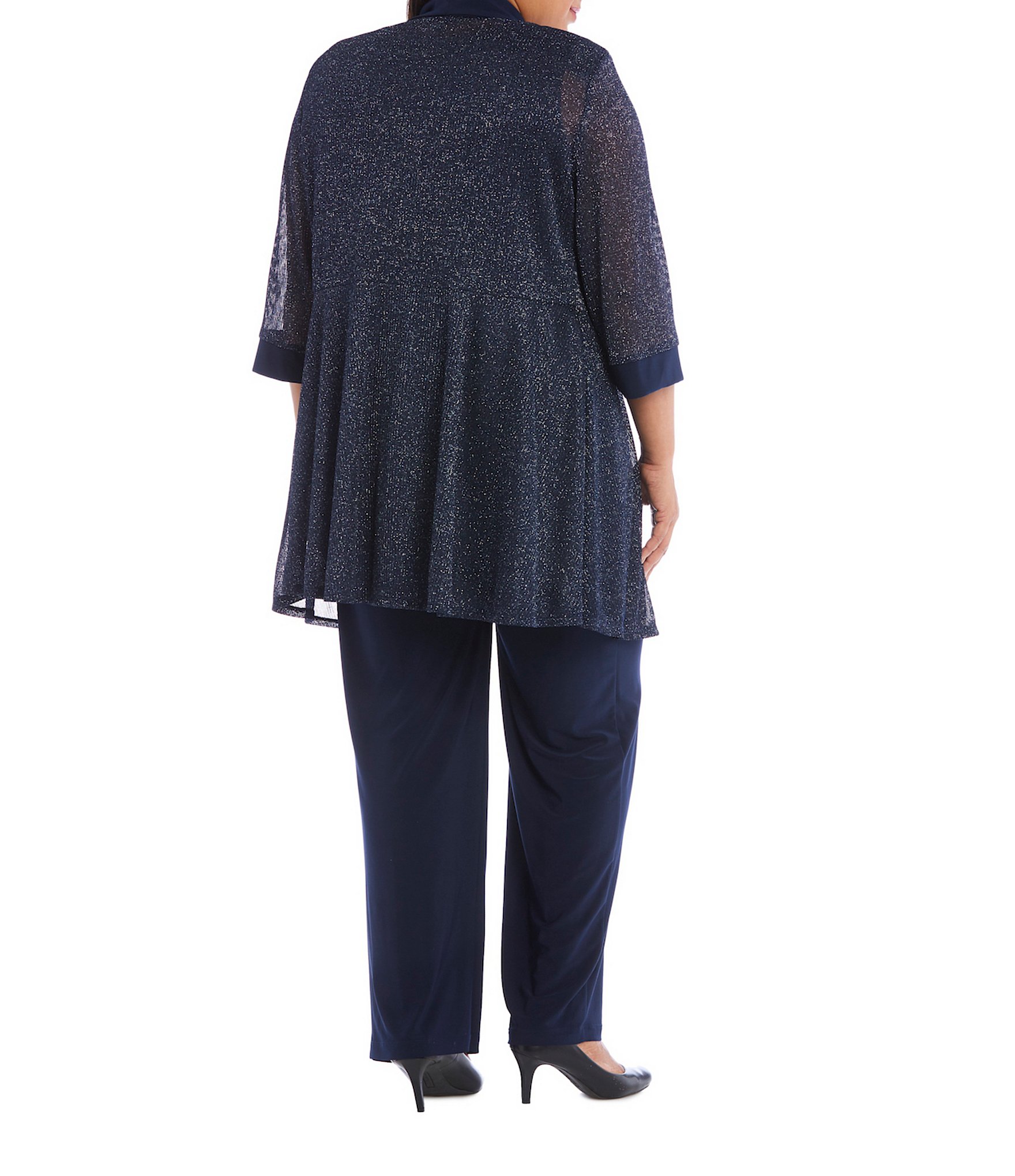 R & M Richards Plus Size Metallic Knit 3/4 Sleeve Open Front 3 Piece Jacket Pant Set