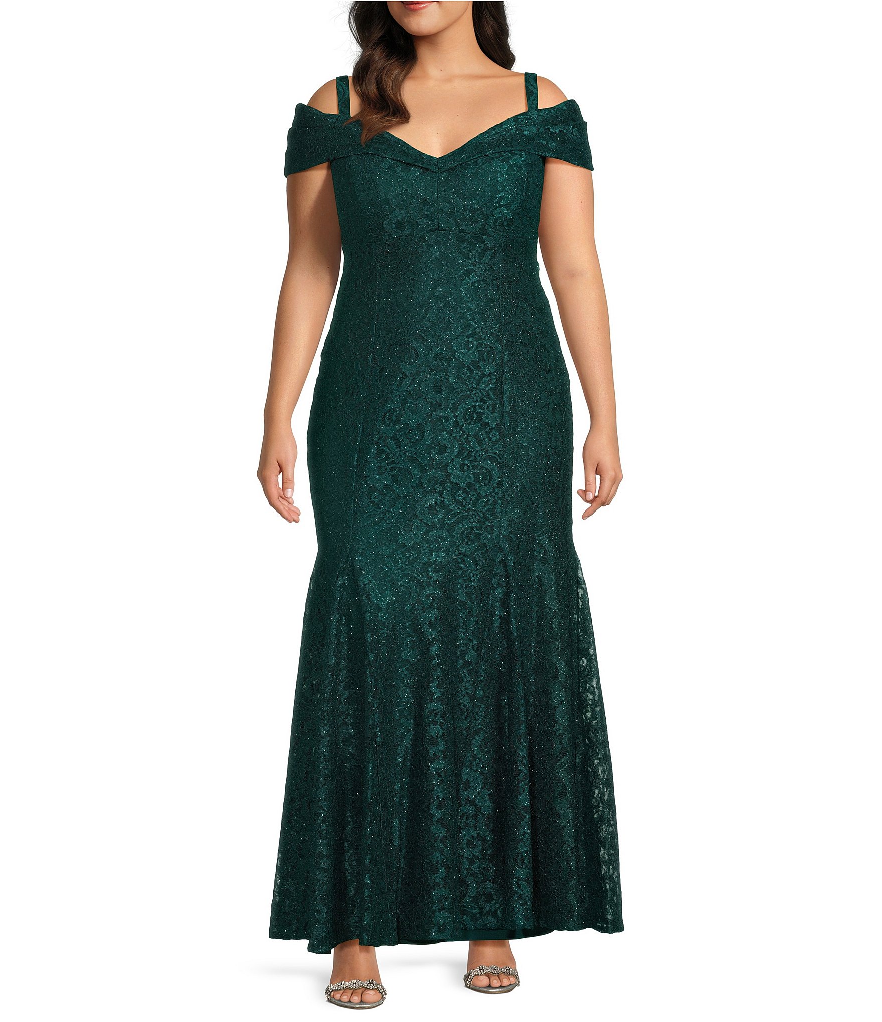 R & M Richards Plus Size Off-the-Shoulder Cap Sleeve Stretch Lace Mermaid Gown