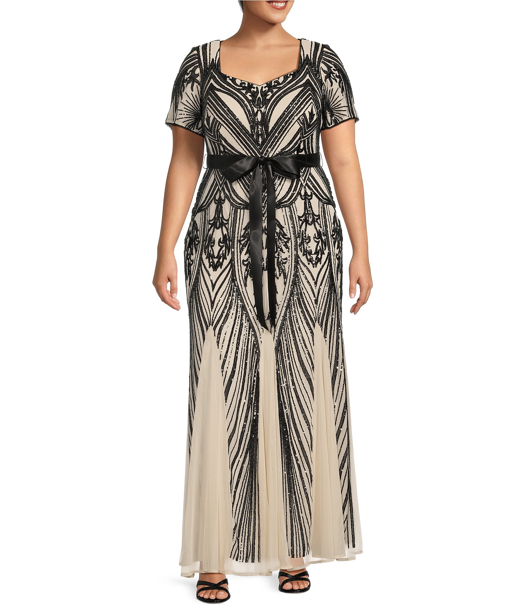 R&M Richards Plus Size Women's Short Sleeve Sequin-Embellished Evening Gown