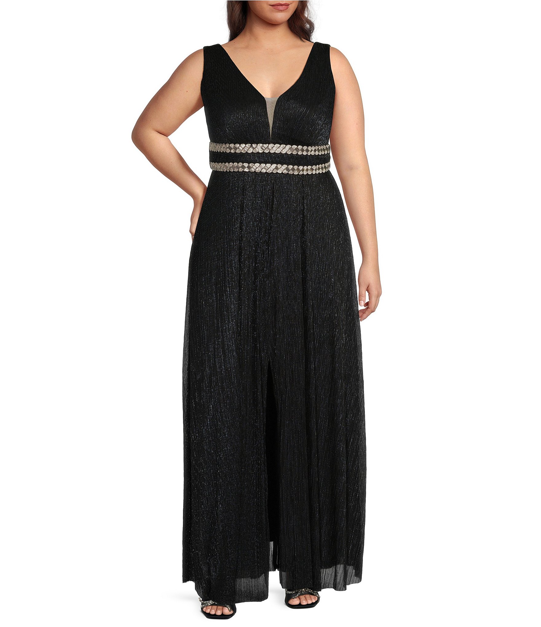 R & M Richards Plus Size Sleeveless V-Neck Rhinestone Waist Dress