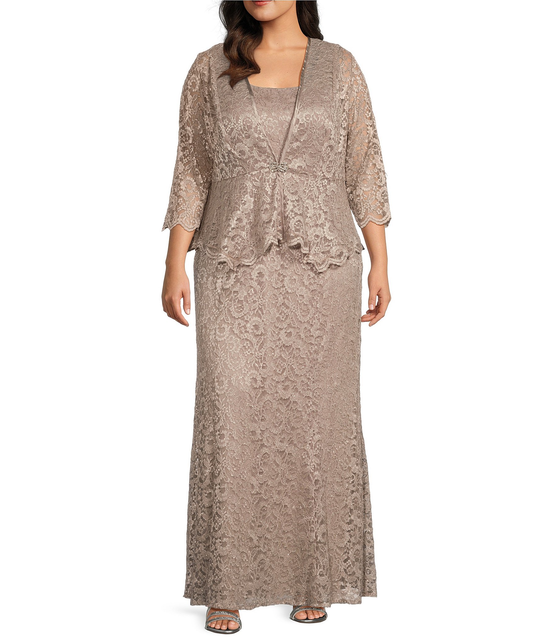 R & M Richards Plus Size Stretch Lace Charmeuse Round Neck 3/4 Sleeves Glitter 2-Piece Jacket Dress