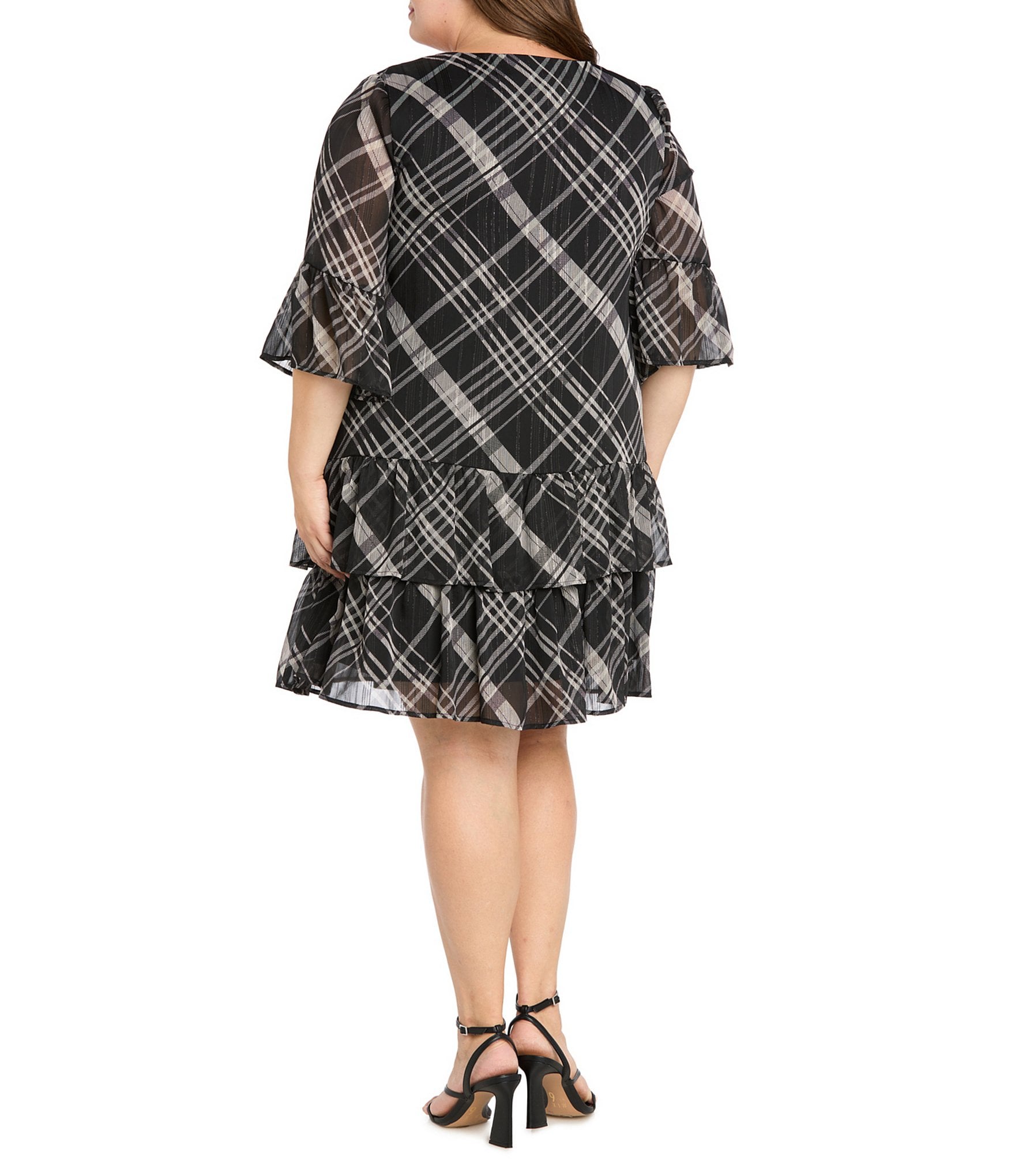 R & M Richards Plus Size Stripe Wet Print Satin Chiffon Short Bell Sleeve Tiered Hem Sheath Dress