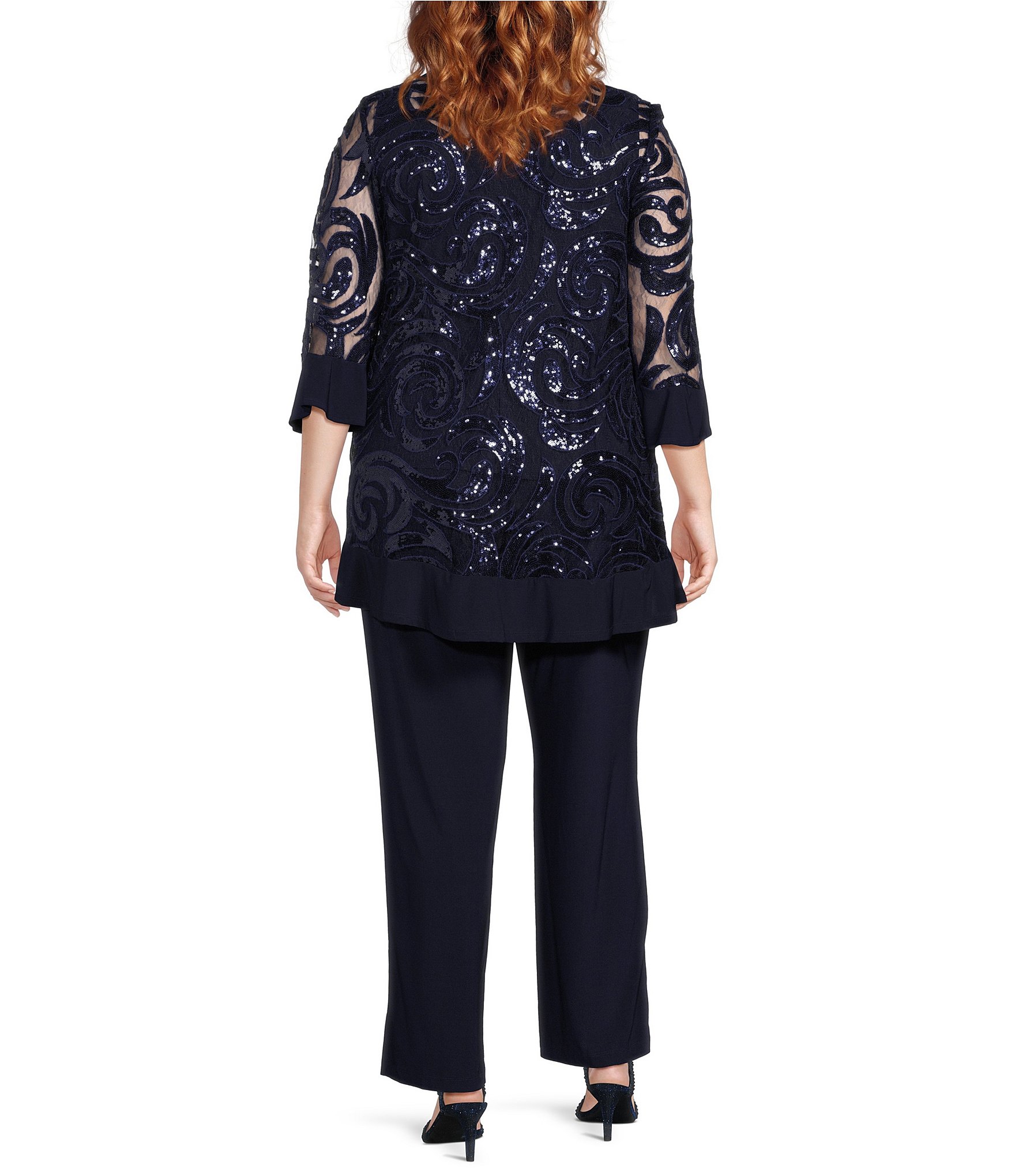 R & M Richards Plus Size Scoop Neck 3/4 Sleeve Swirl Sequin Jacket 2-Piece Pant Set
