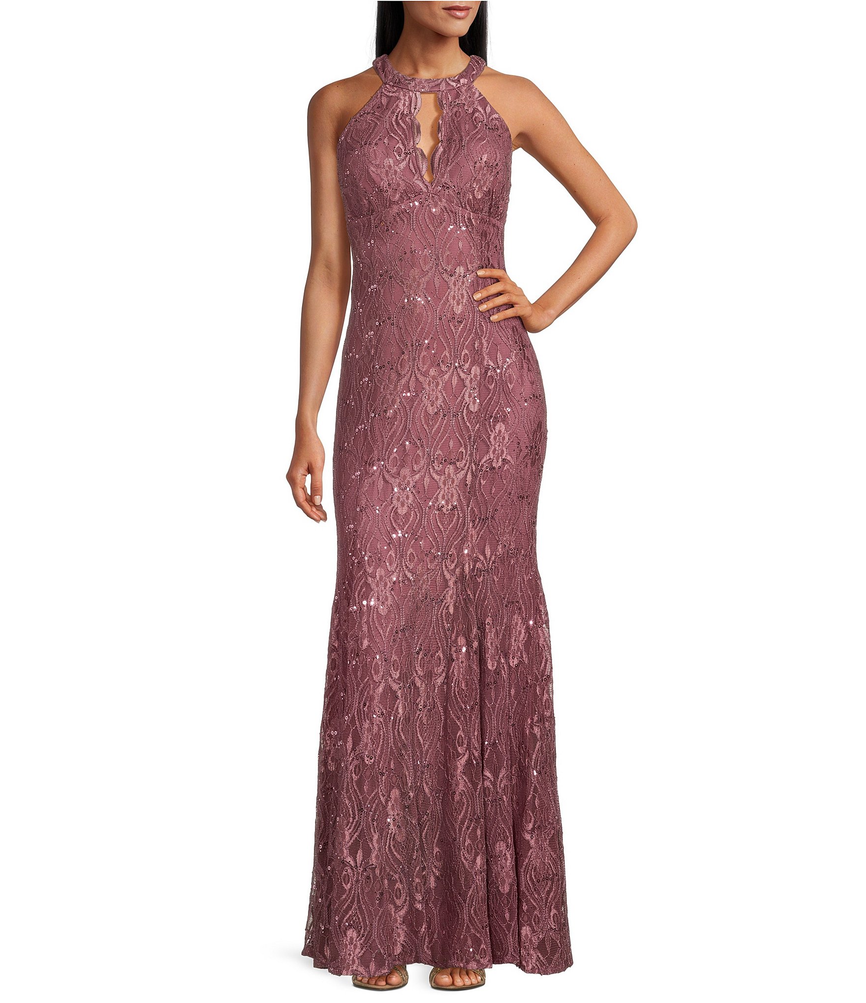 R & M Richards Scalloped Bodice Keyhole Neck Glitter Lace
