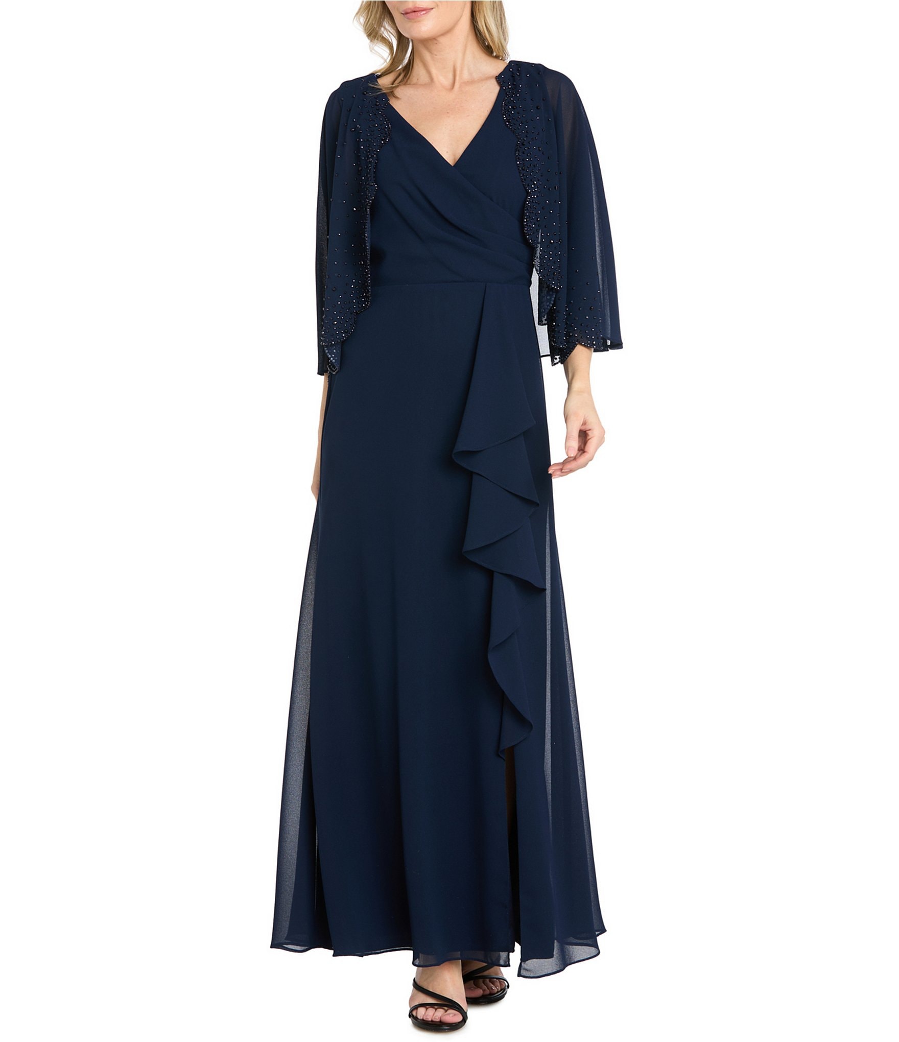 R & M Richards Scalloped Trim Ruffle Side Cascade Long Dress
