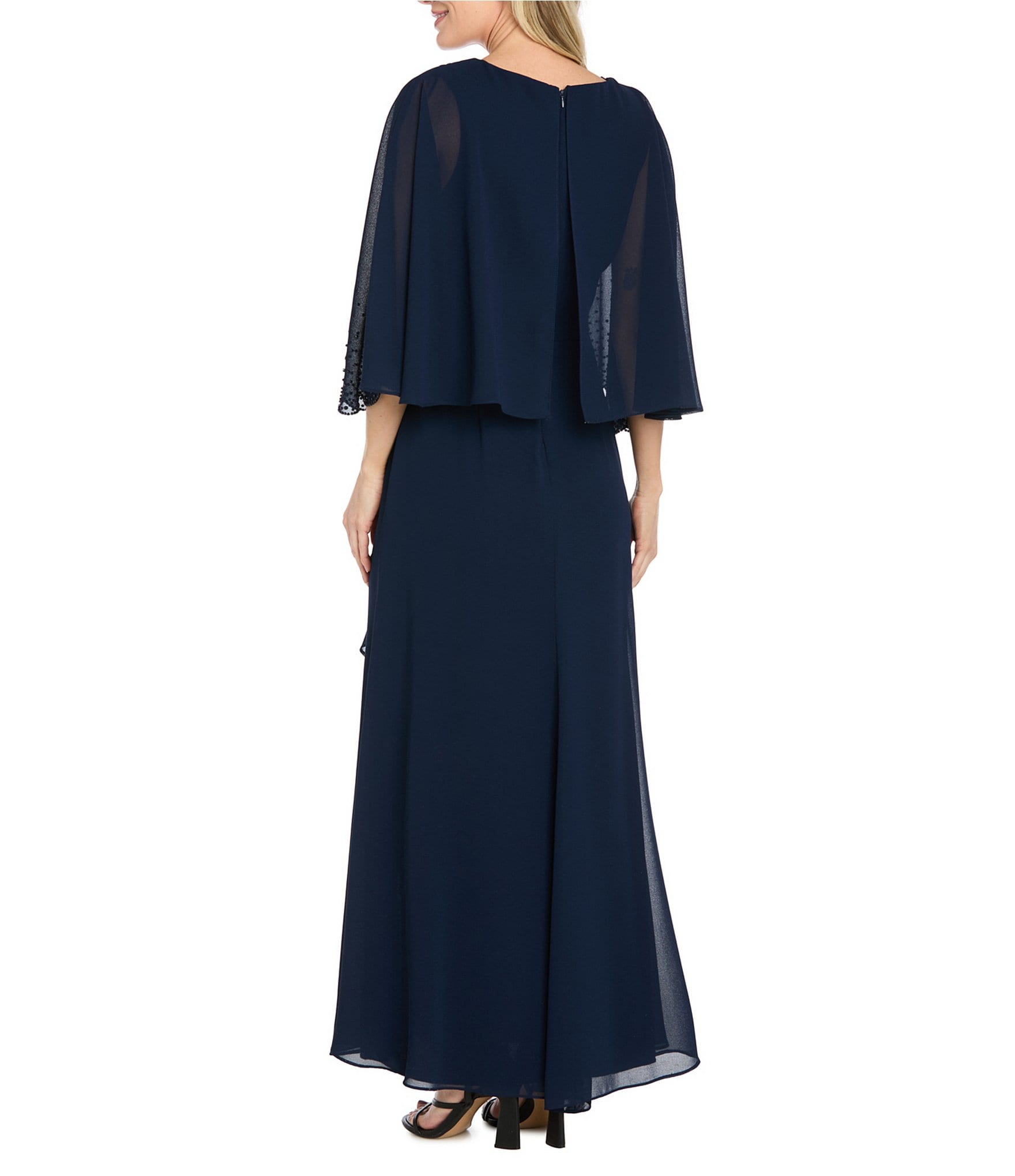 R & M Richards Scalloped Trim Ruffle Side Cascade Long Dress