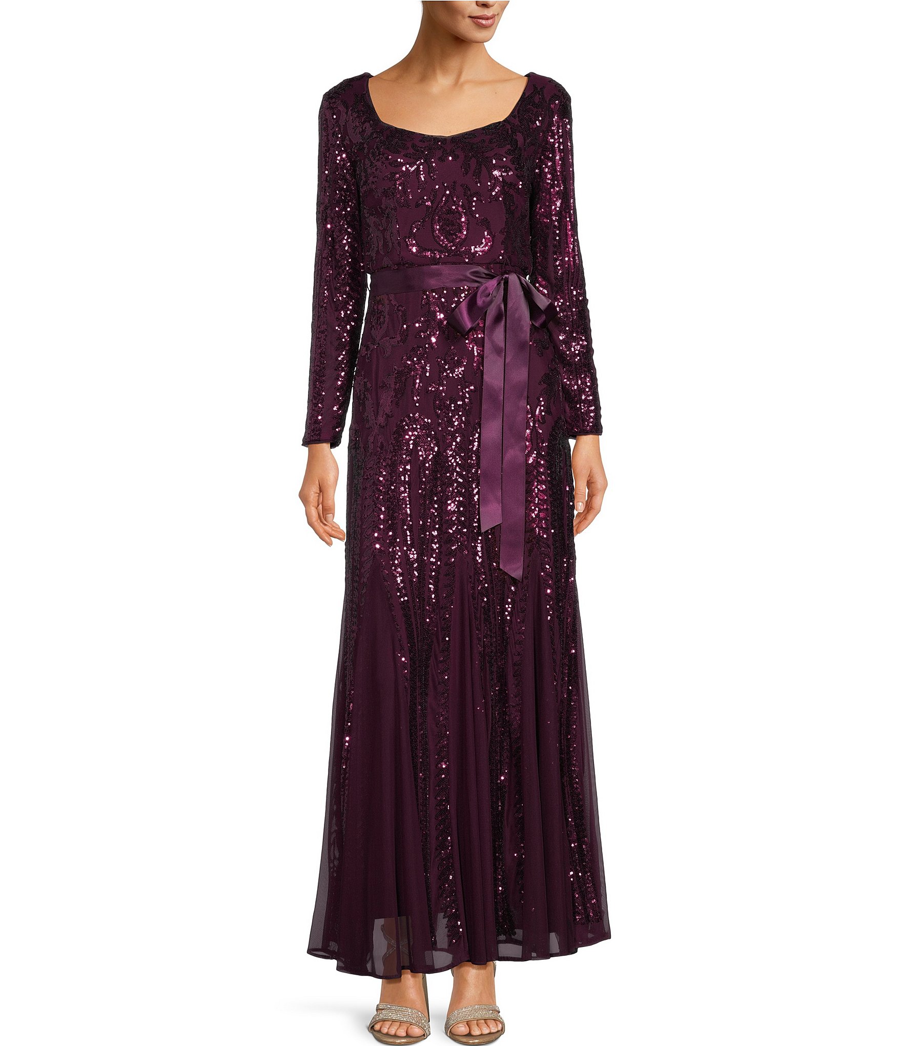 R & M Richards Sequin Embroidered Mesh Long Sleeve Gown | Dillard's