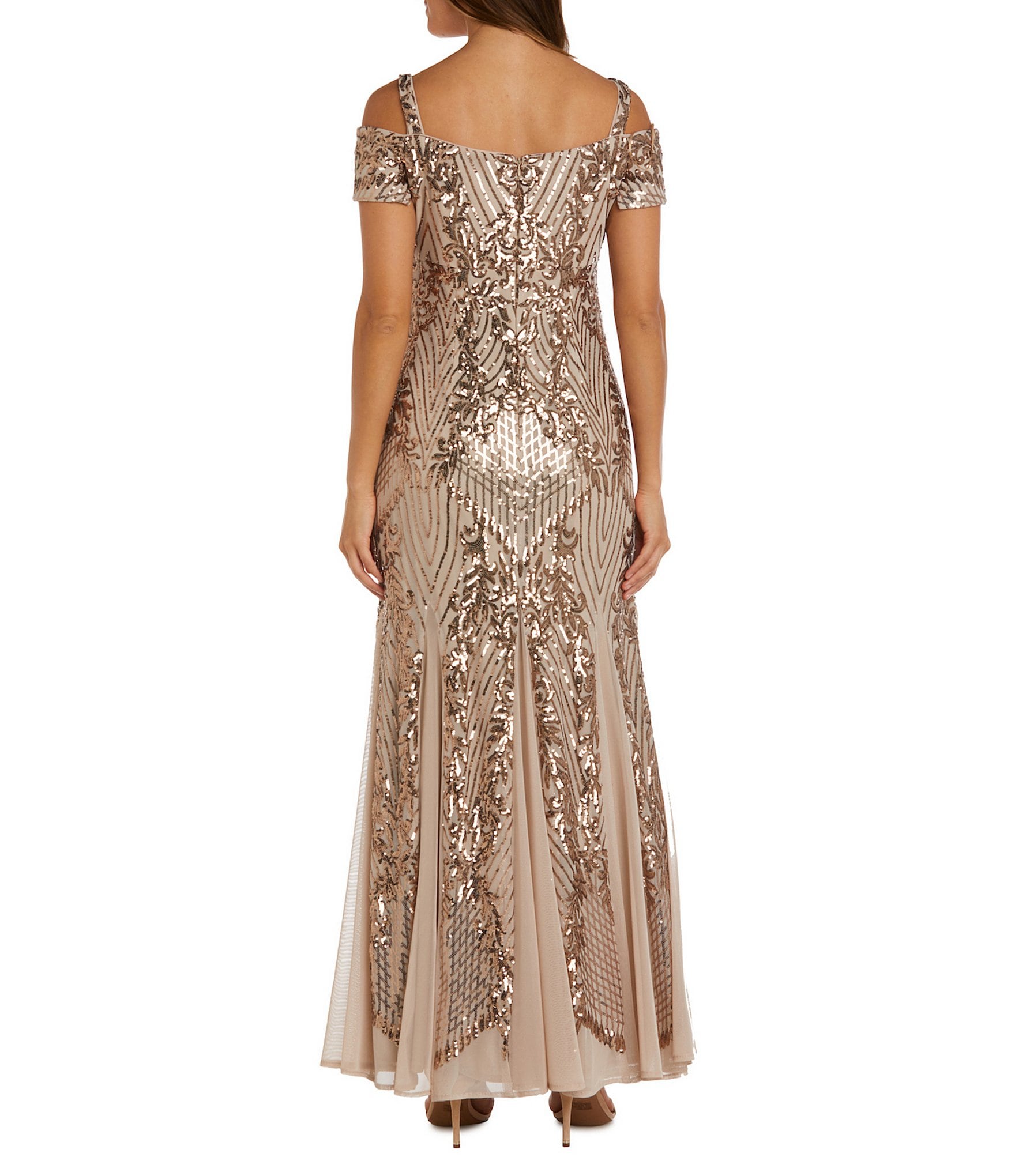 R & M Richards Sequin Power Mesh Beaded Off-The-Shoulder Sleeveless Sheath Dress