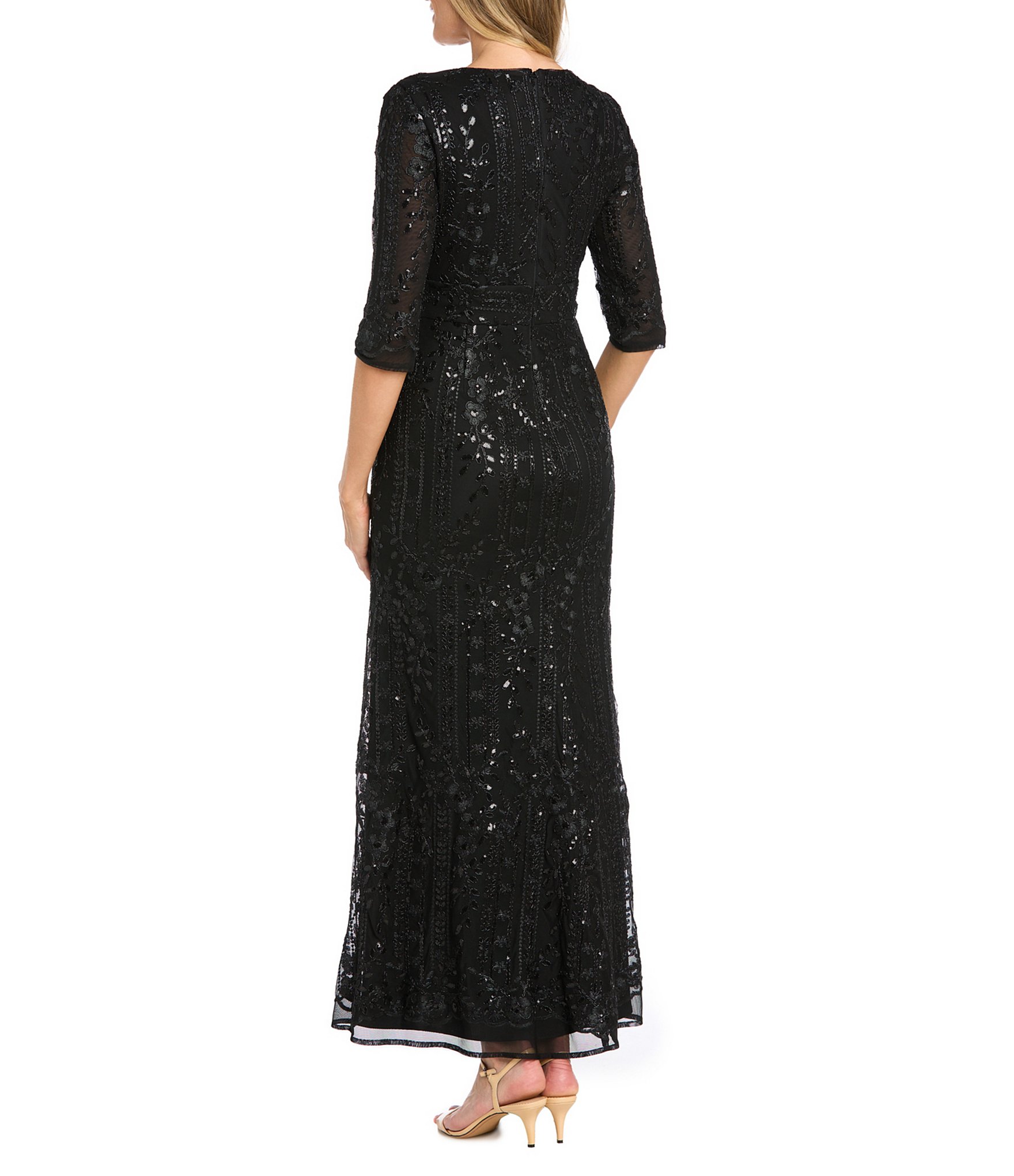 R & M Richards Sequin Power Mesh V-Neck 3/4 Sleeve Gown