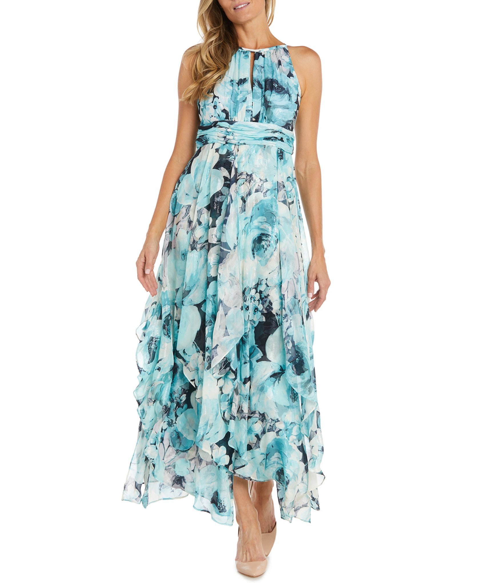 R & M Richards Sleeveless Halter Keyhole Neck Floral Printed Chiffon ...