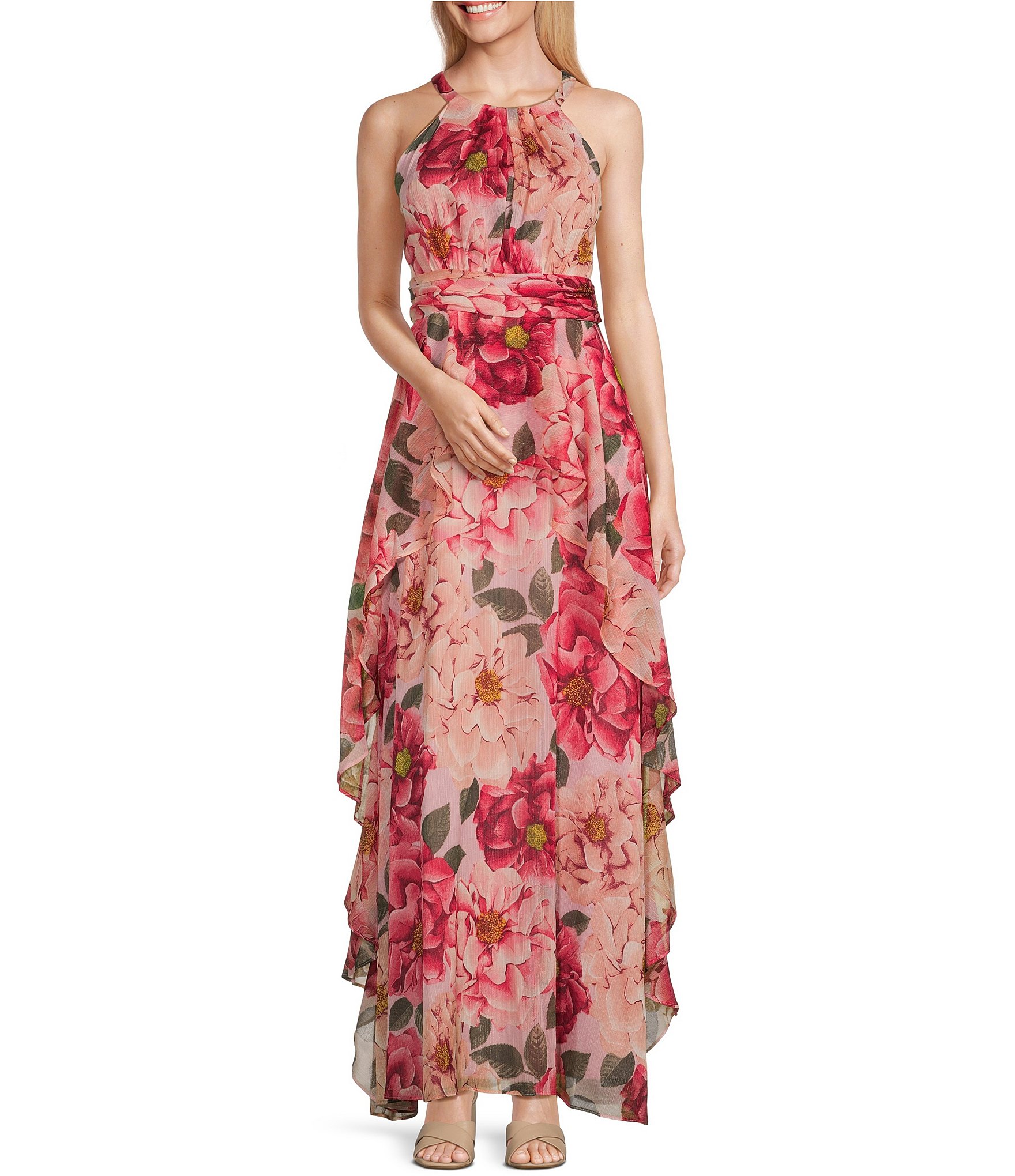 R & M Richards Sleeveless Halter Neck Floral Chiffon Maxi Dress | Dillard's