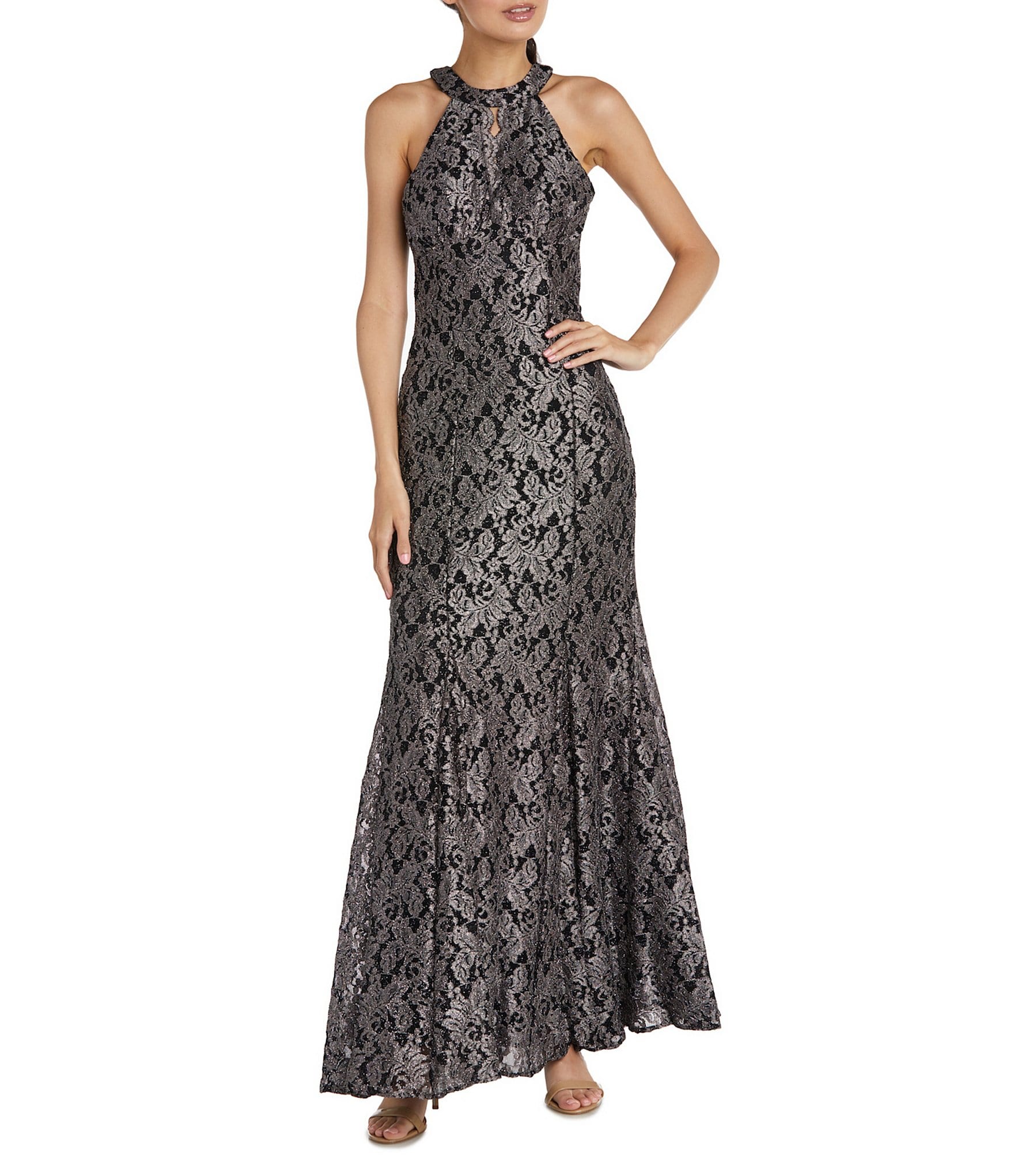 R & M Richards Sleeveless Halter Neck Glitter Lace Long Fit and