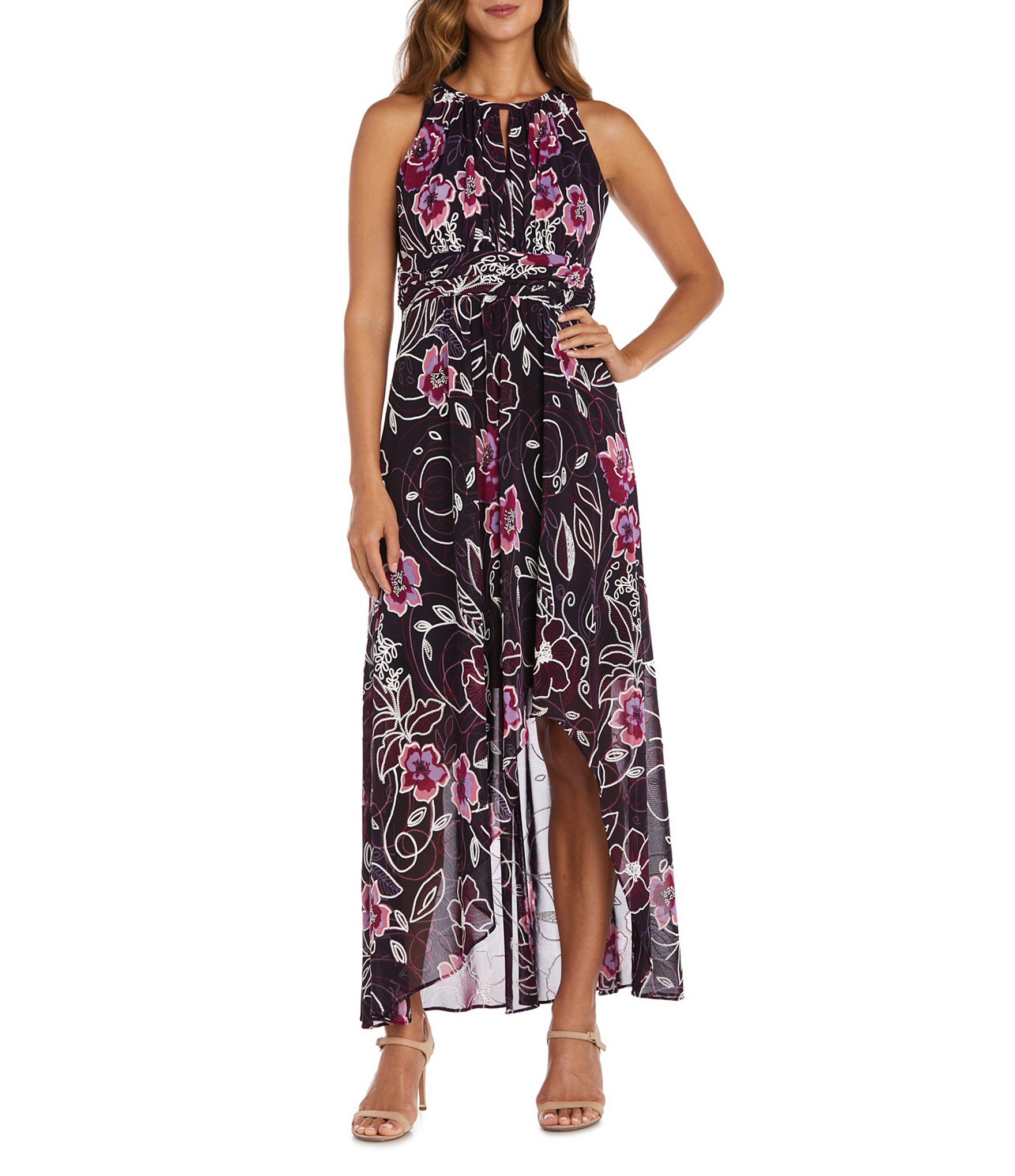 R & M Richards Sleeveless Halter Neck High/Low Floral Dress | Dillard's