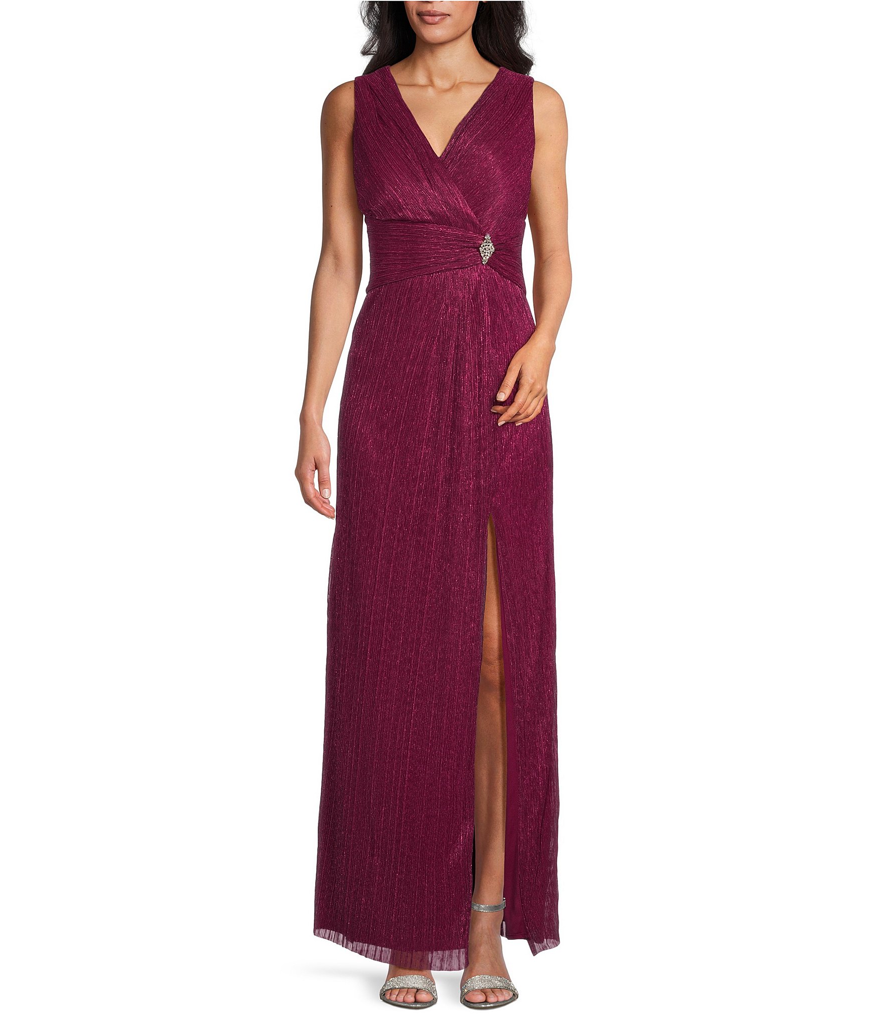 R And M Richards Sleeveless V Neck Front Slit Pleated Metallic Dress