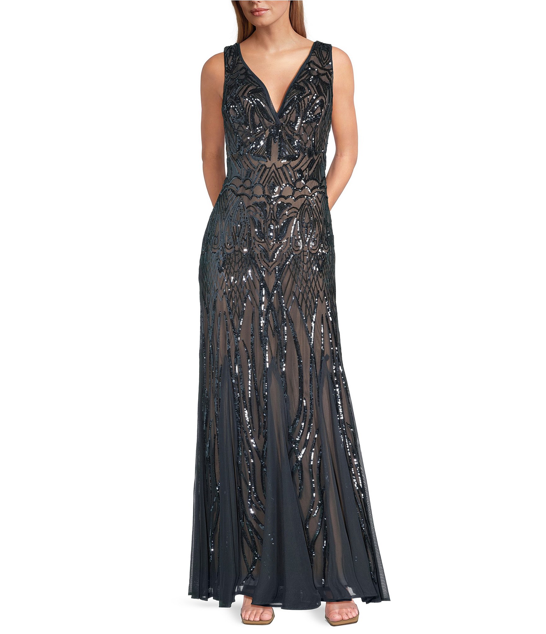 R & M Richards Sleeveless V-Neck Godet Skirt Embellished Long Sequin Dress