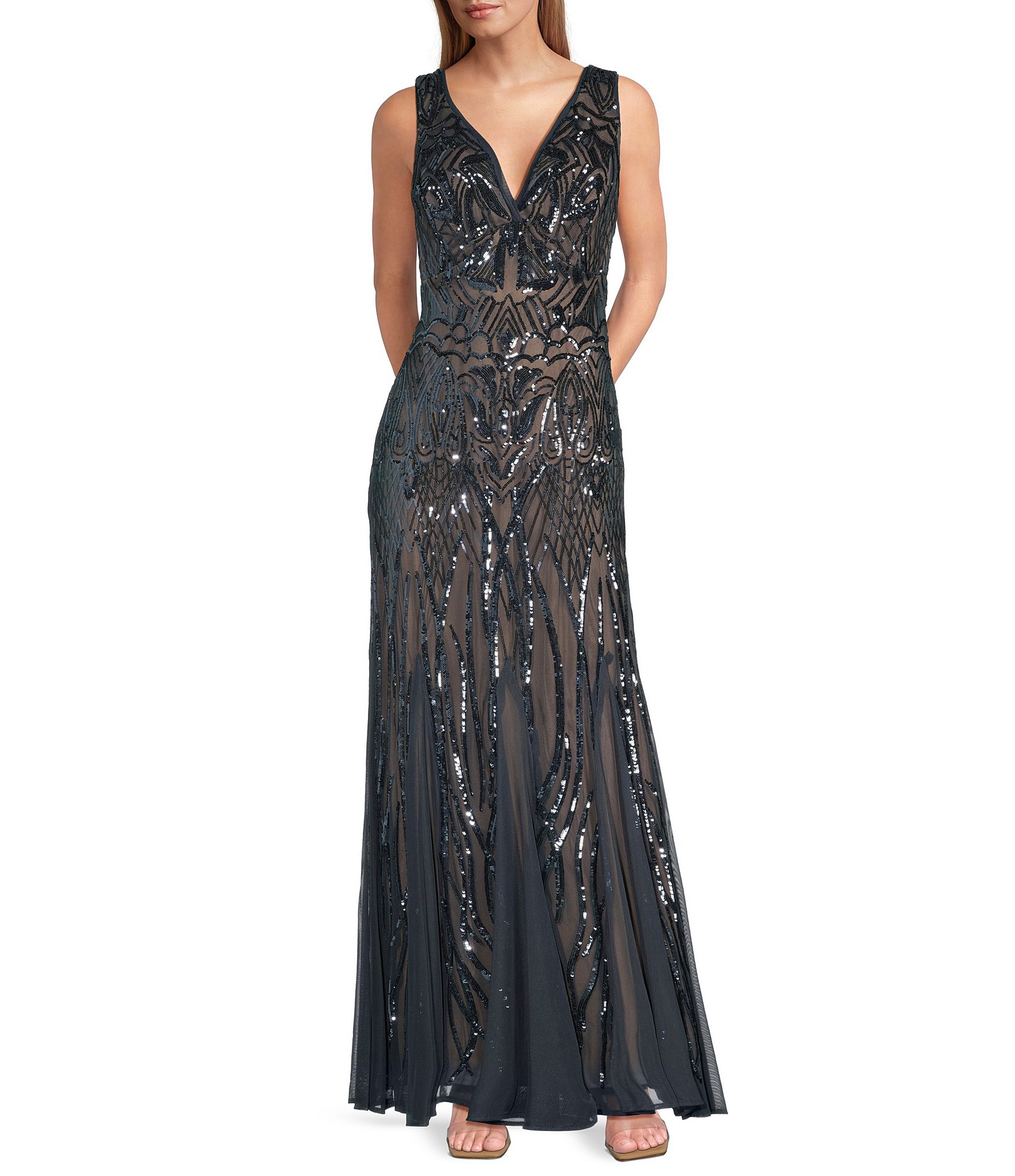 R & M Richards Sleeveless V-Neck Godet Skirt Embellished Long Sequin Dress