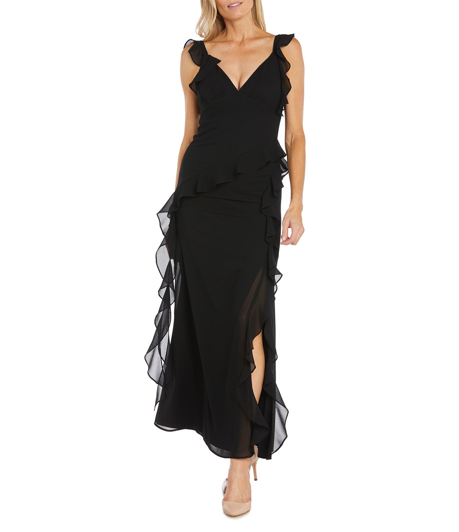 R & M Richards Sleeveless V-Neck Ruffle Detail Front Slit Dress | Dillard's